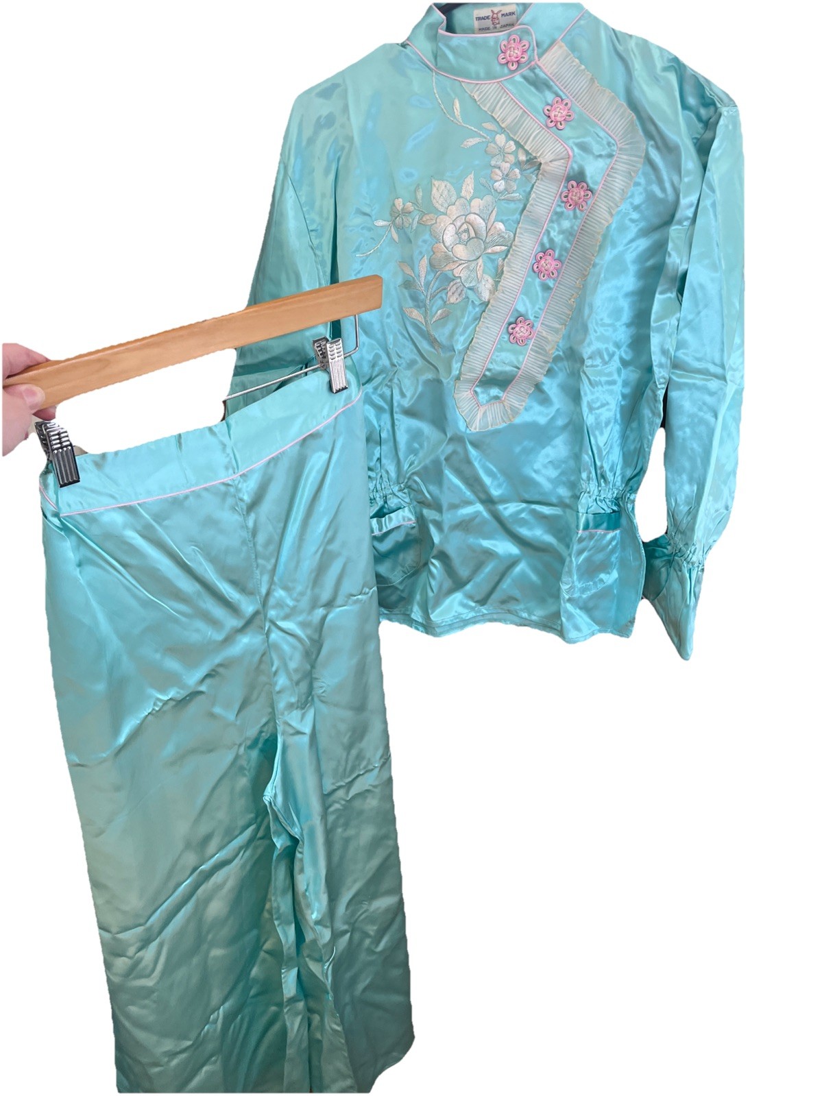 Vtg Embroidered Satin Japanese Sea Foam Green Teal Pink Pajama Set Japan Jasmine