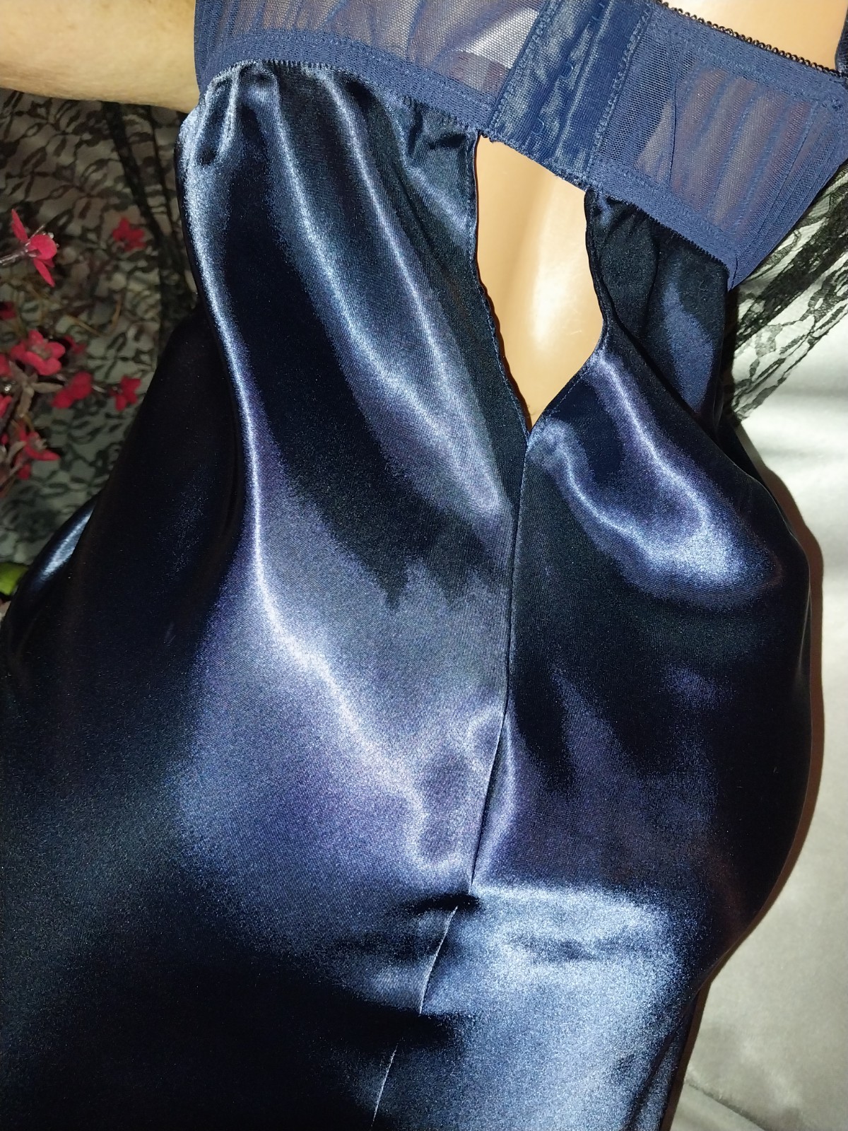 VTG SATIN SHINY SPANDEX LACE BRA BABYDOLL BLUE FLOWERS NIGHTGOWN PLUS 46 48 2X