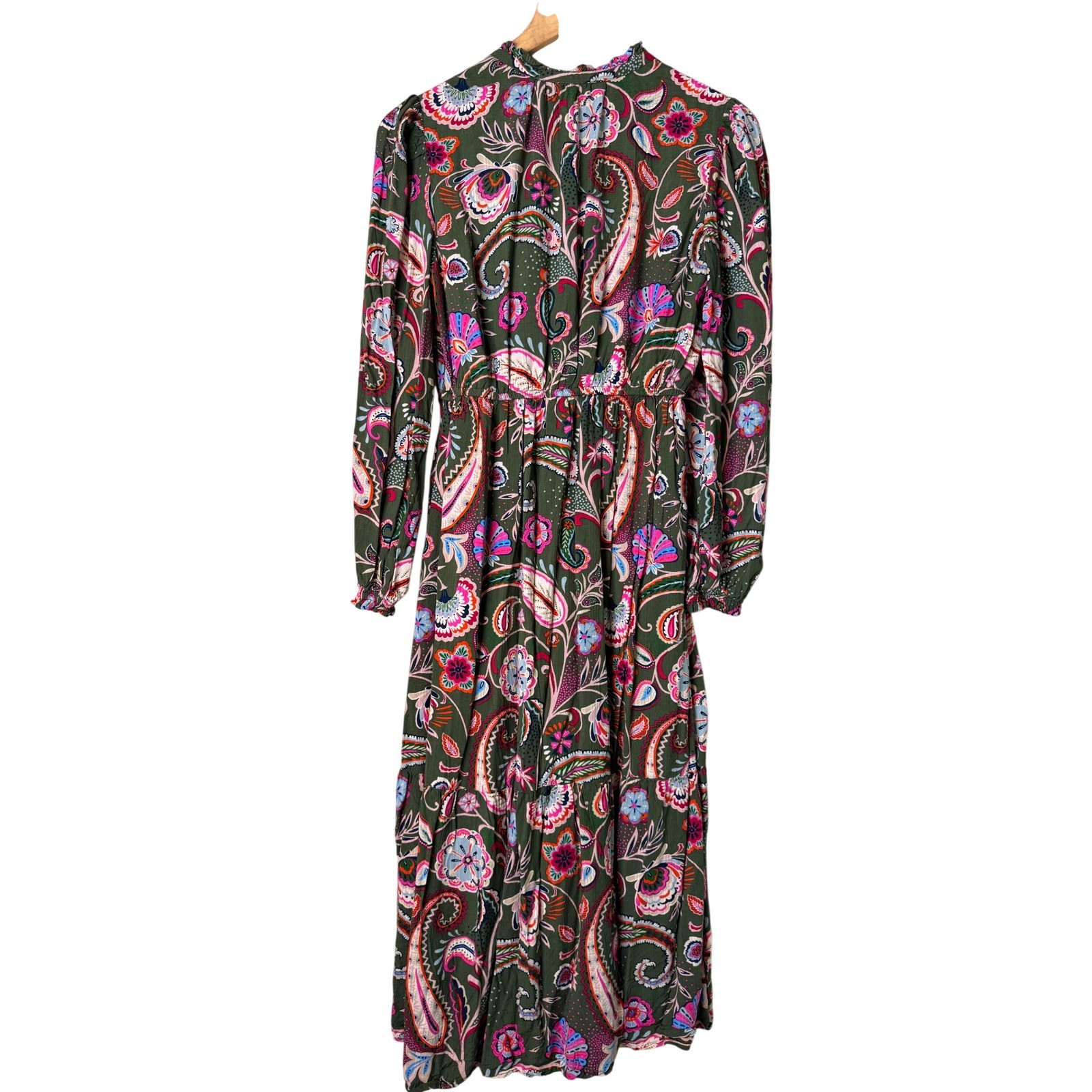 Olive Green Boho Prairie Maxi Dress Paisley Floral Cottagecore Peasant Small