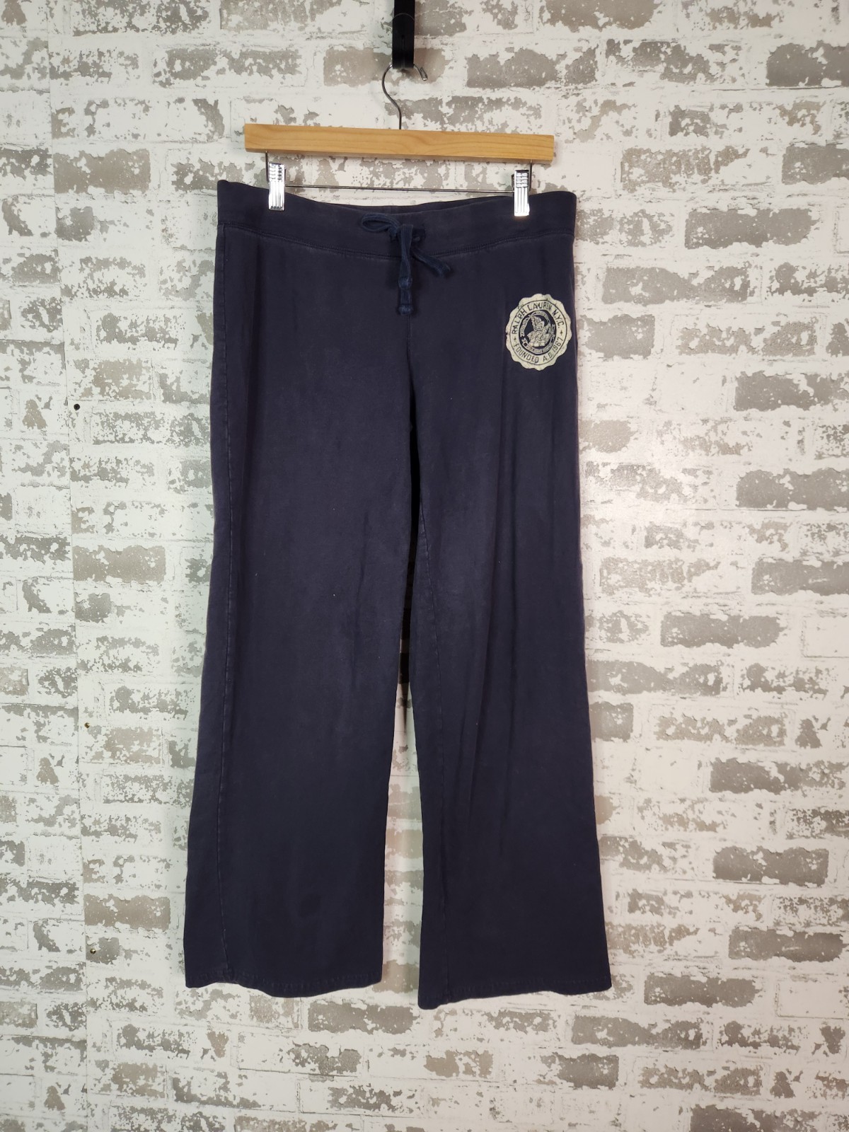 Vintage Polo Jeans Co Navy Blue Wide Leg Sweatpants with Varsity Crest Emblem