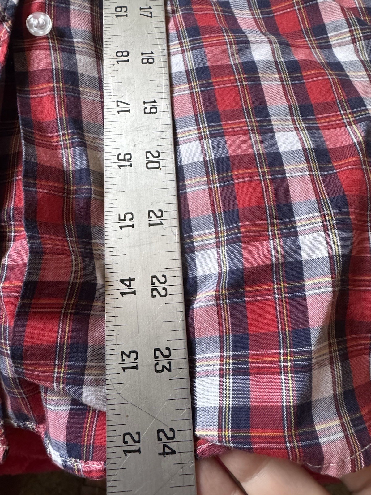 Vintage 70s Sears The Fashion Place Red Blue Plaid Button Down Shirt Size 14
