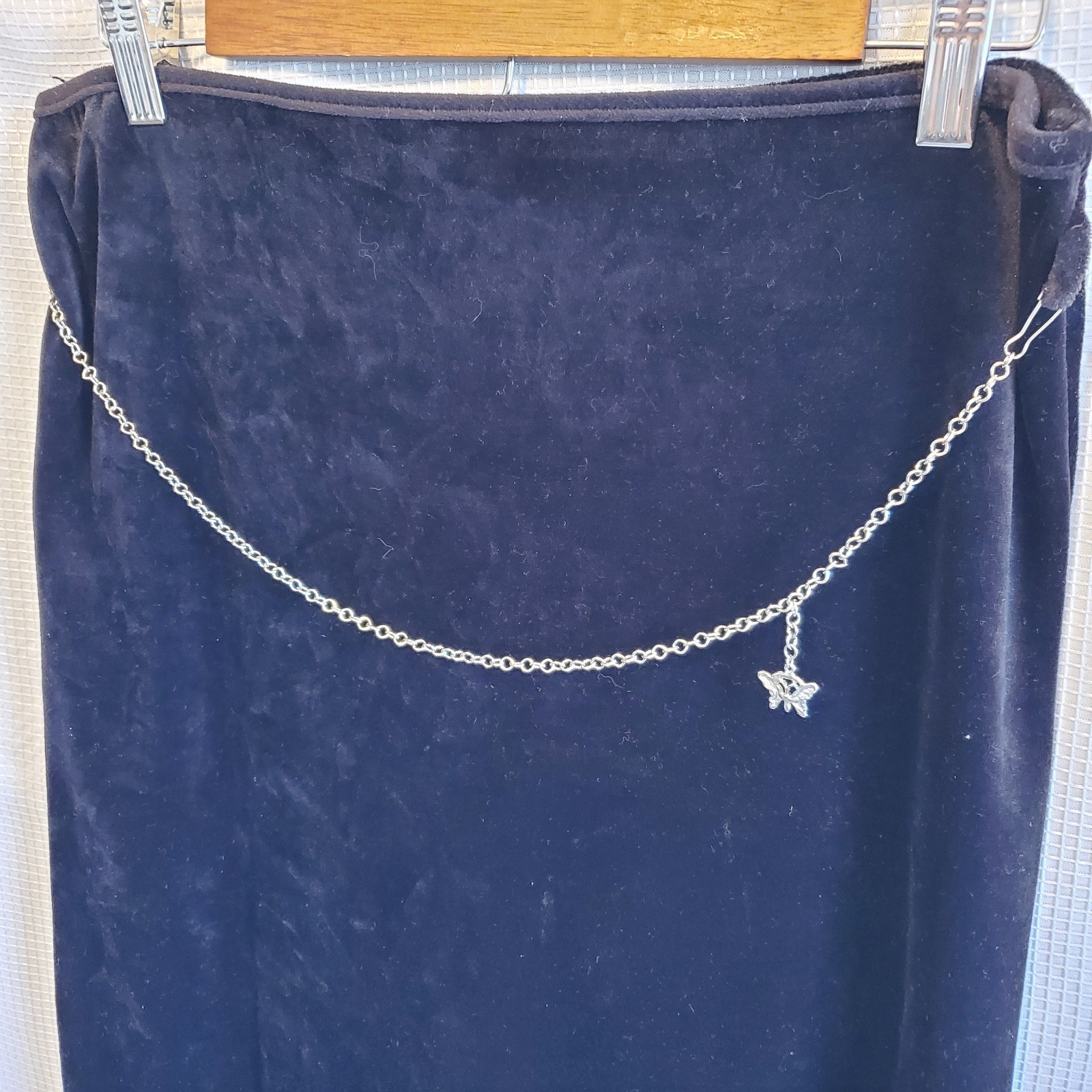 Vintage Amy Byer 90s Velour Black Maxi Pencil Skirt Butterfly Belly Chain Sz M/L