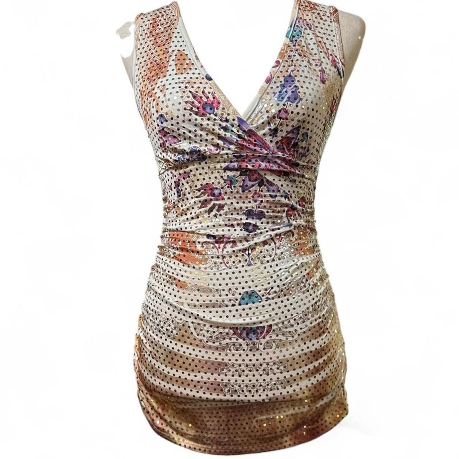 Body Central Y2K MultiPrint Ruched Metallic Sequin Mini Dress