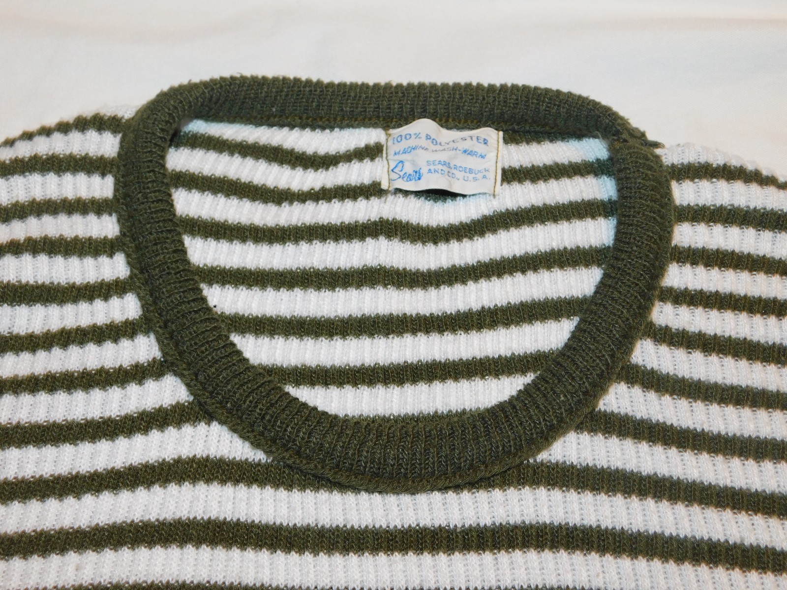 VTG 70s SEARS SWEATER TOP RIB KNIT STRETCH STRIPED OLIVE GREEN WHITE WOMENS M/L
