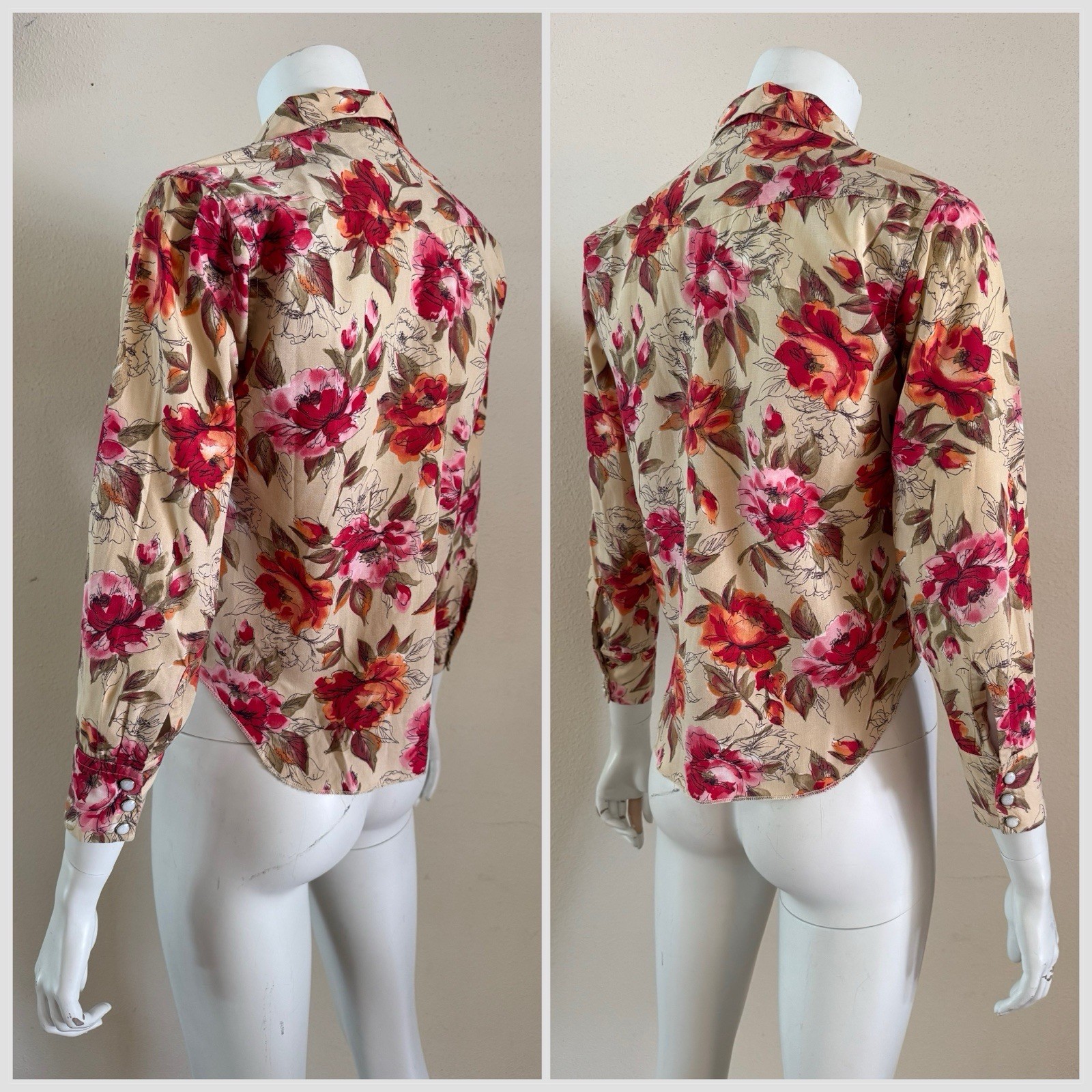 H Bar C Western Pearl Snap Ruffle Blouse Floral Rockabilly Shirt USA S Vintage