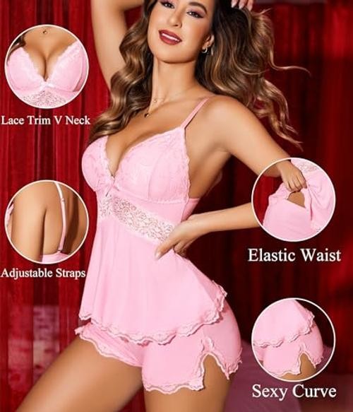 Womens Sweetness Cami Set Lace Camisole Lingerie Nightwear XX-Large 1 Pink