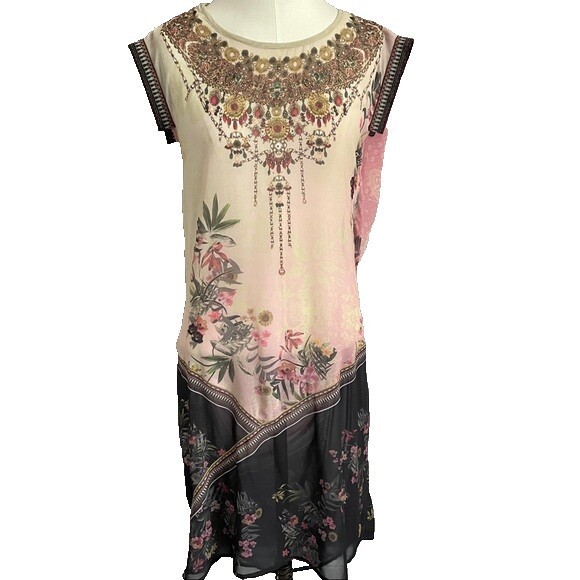 Desigual Elo Sheer Floral Chiffon Flapper Bejeweled Neckline Knee Dress – Small