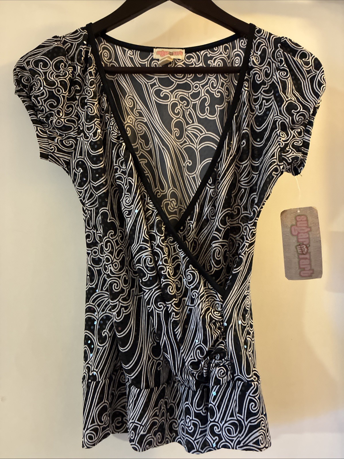 Vintage Sparkle Disco Faux Wrap Blouse Black & White Top Women’s M NEW WITH TAGS