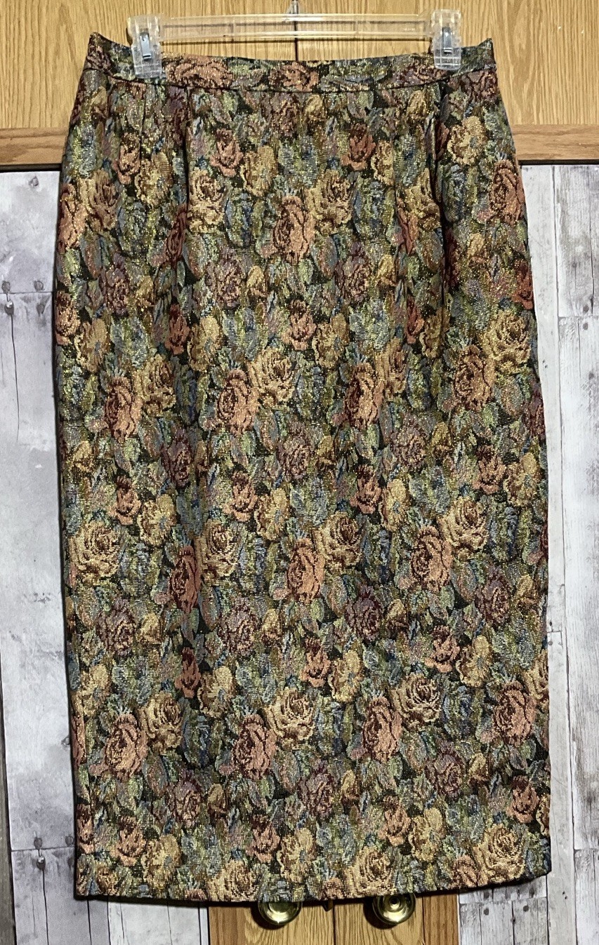 KB Sz 14W Multi Colored Tapestry Print Gold Metallic Thread Long Floral Skirt