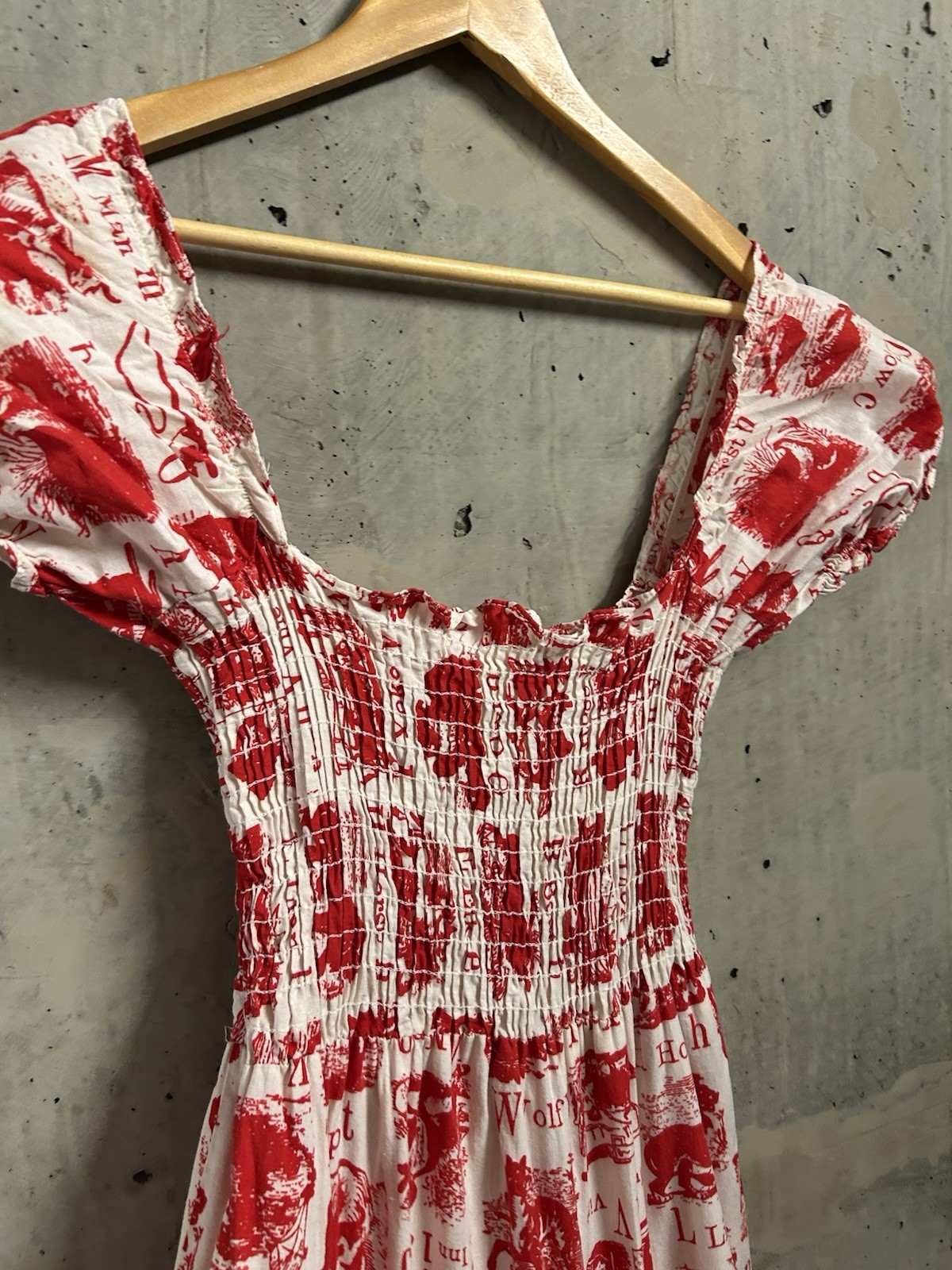 Vintage 1970’s Dress Women’s Red Novelty Animal Print Maxi Rouched Farm Prarie