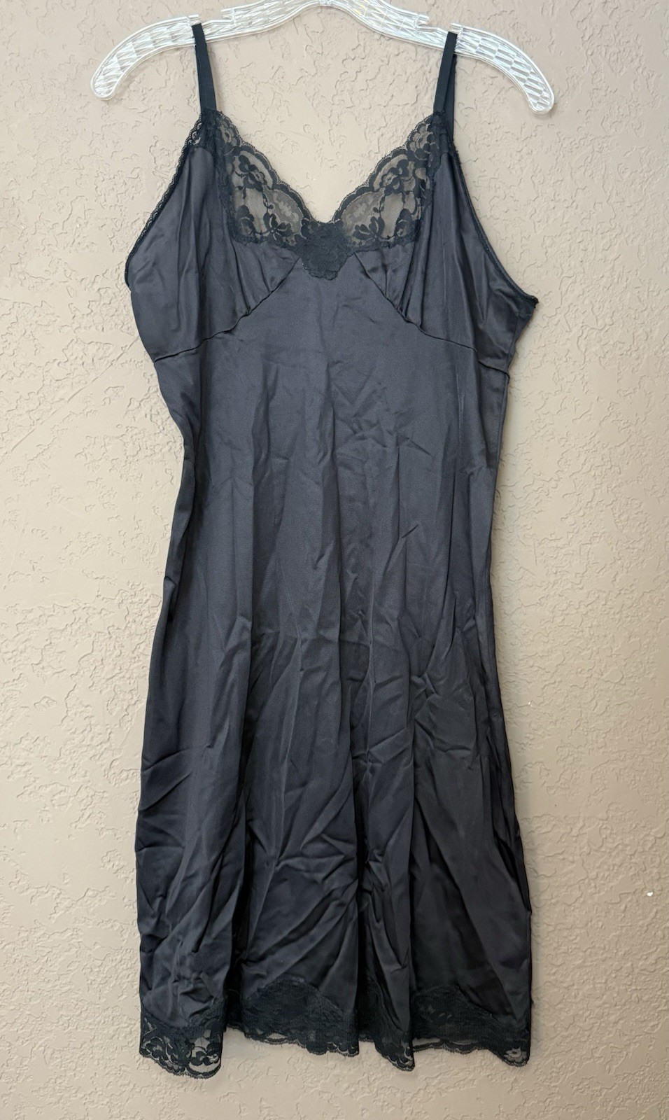 Vintage Nylon Lace Poly Chemise Full Slip Adjustable Straps Black Lingerie Sz 38