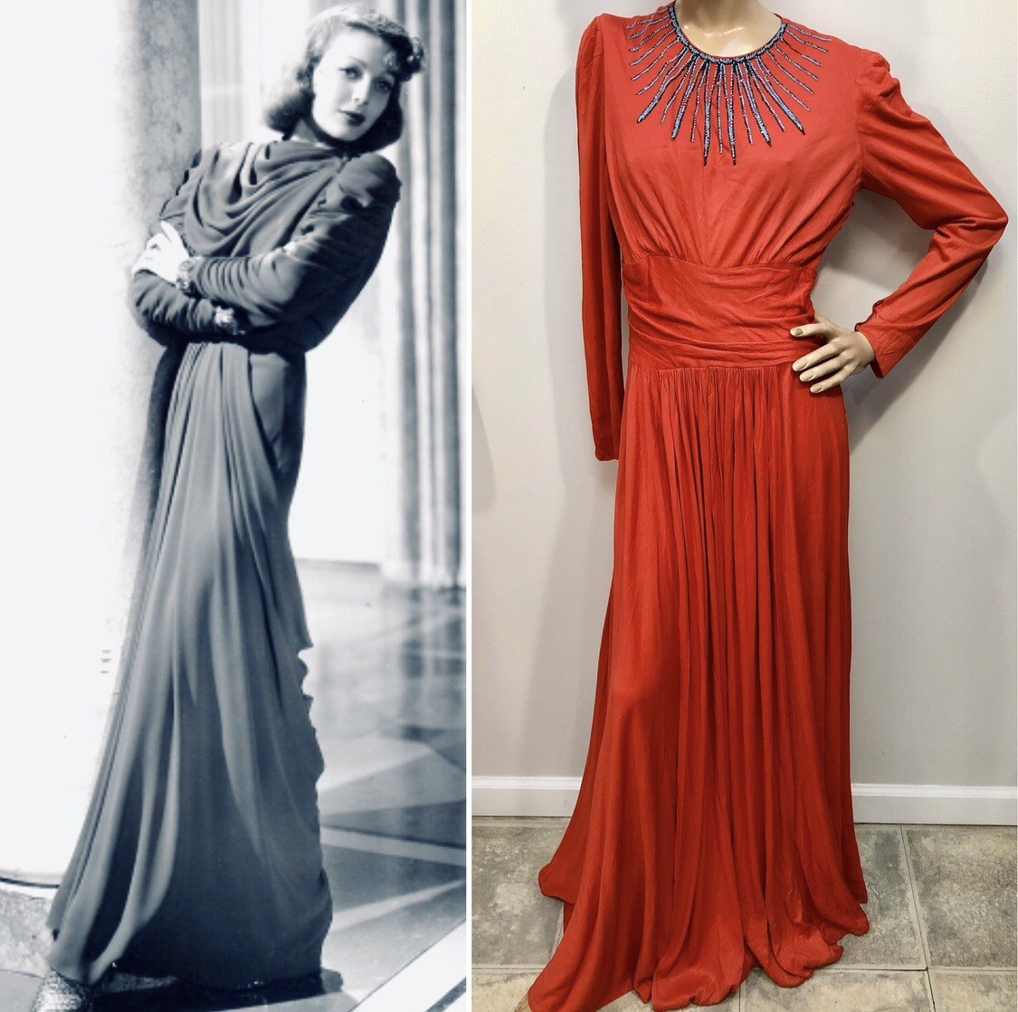 VTG 1940s OLD HOLLYWOOD Glam Coral RAYON JERSEY DRAPED GOWN wSunburst DECO BEADS