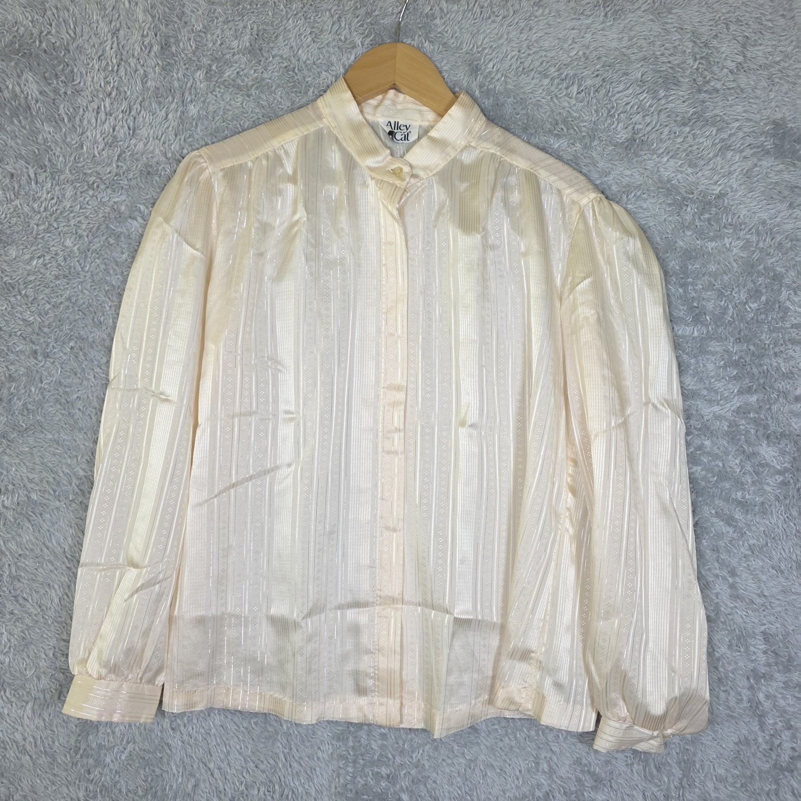 ​VTG 80s Alley Cat Metallic Stripe Blouse Poet Balloon Sleeve Shimmer Cream M L
