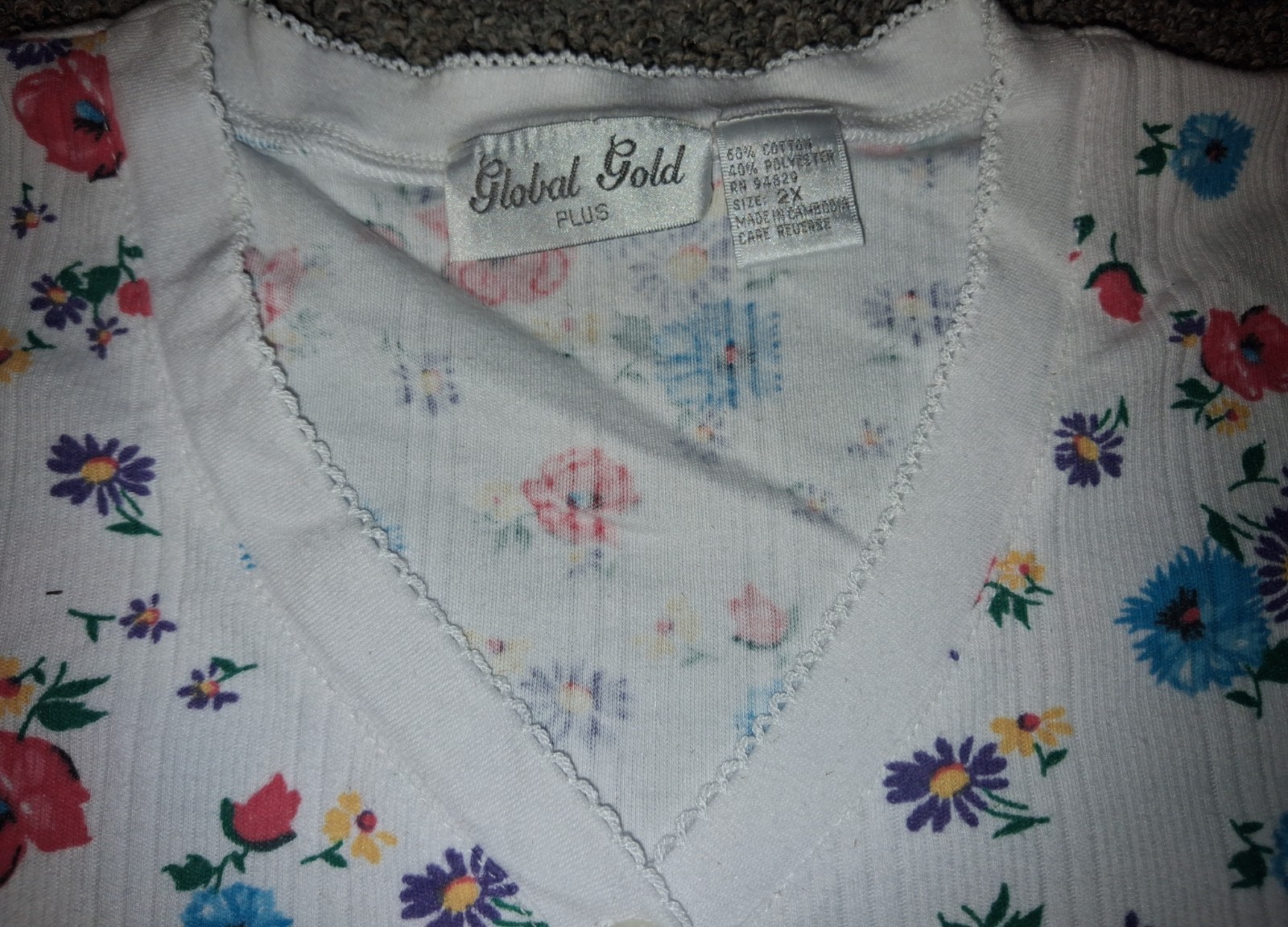 Vintage 90s Global Gold Plus Size 2x White Floral Scalloped edge Blouse Top