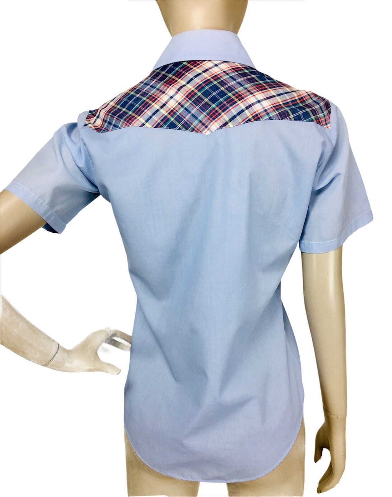 Vintage 50s 60s Rockabilly Western Cowgirl Plaid Shoulders Pearl Snap SS Top