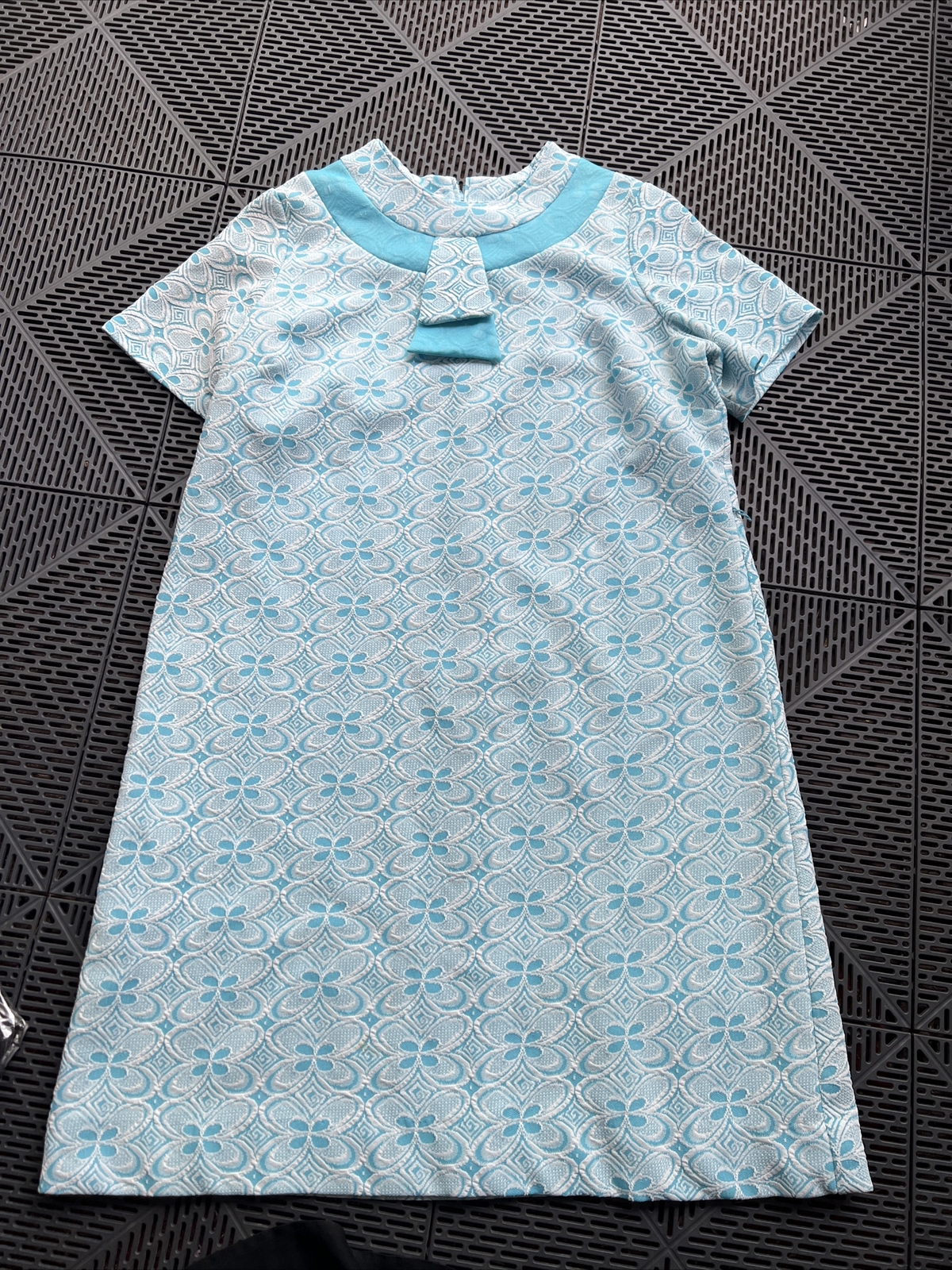 Vtg 60s 70s Mod Blue Textured Floral Poly Knit Shift Dress Front Zip xlarge