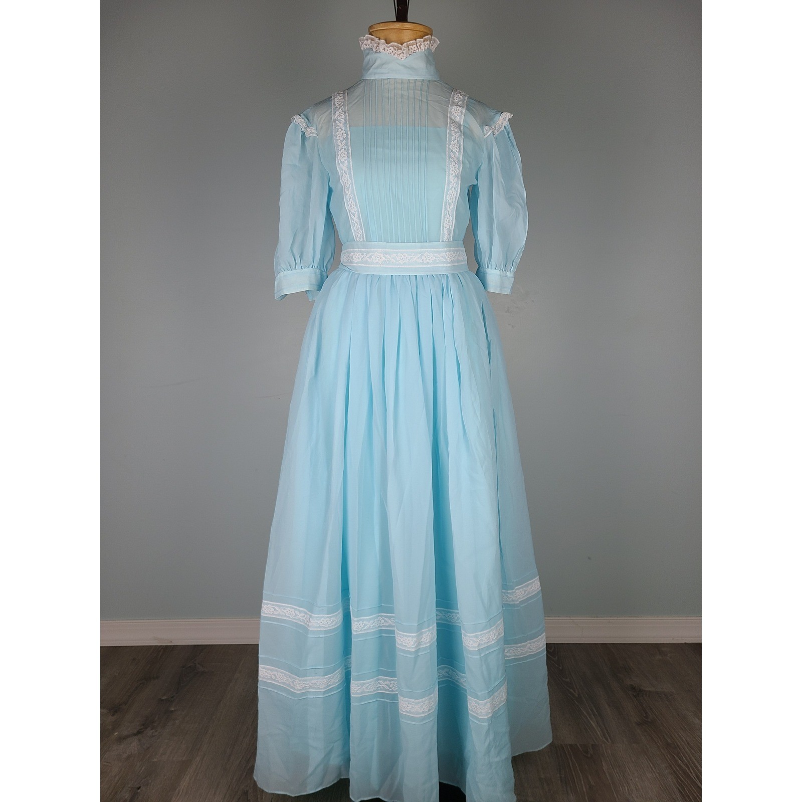 VTG 70’s Handmade Formal Prairie Maxi Dress Blue Edwardian Cottagecore Party