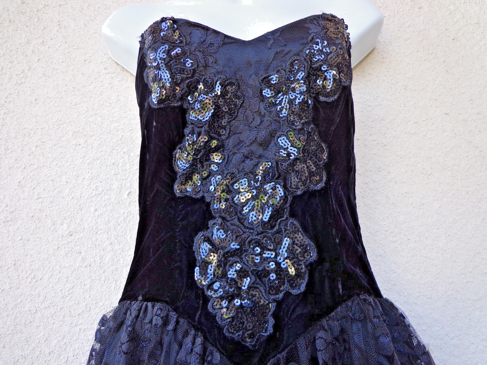 VTG 80s PROM DRESS Strapless Lace Tulle Velvet HUGE BOW Sequins Full Skirt NWT