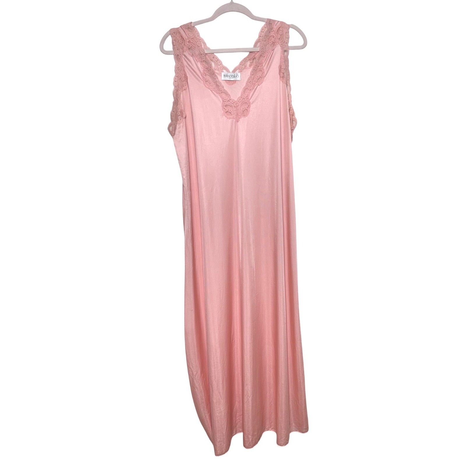 Vintage Sans Souci Lingerie Pink Lace Trim Maxi Nightgown Sleepwear Size M USA