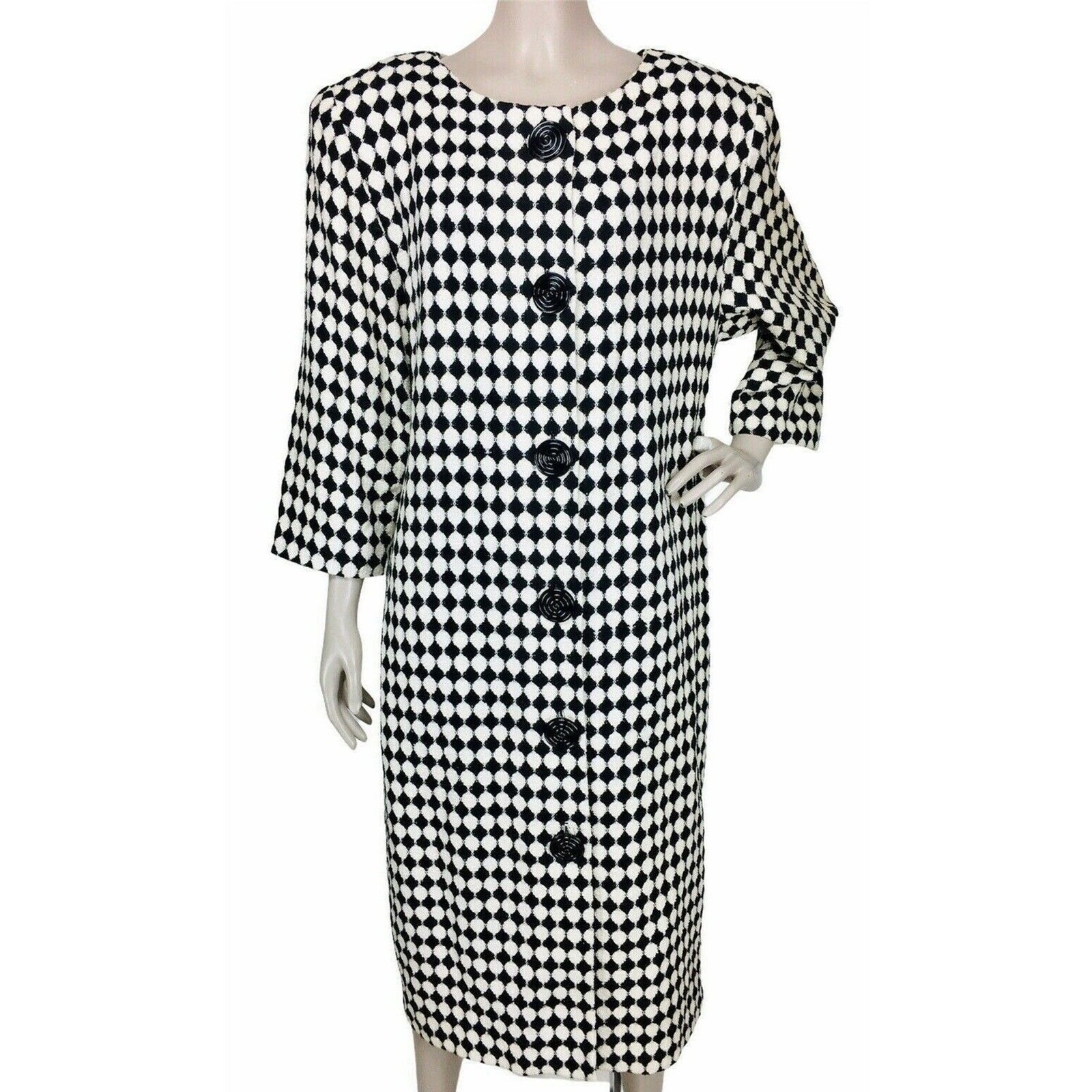 Vintage 80s Jackie Bernard MOD Monochrome Dress Coat Women’s Size M/L
