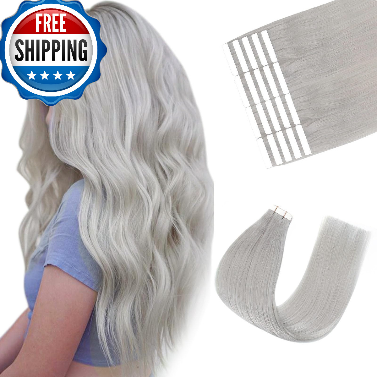 Sixstarhair Remy Human Hair Tape-in Extensions Silver Gray Silky Straight