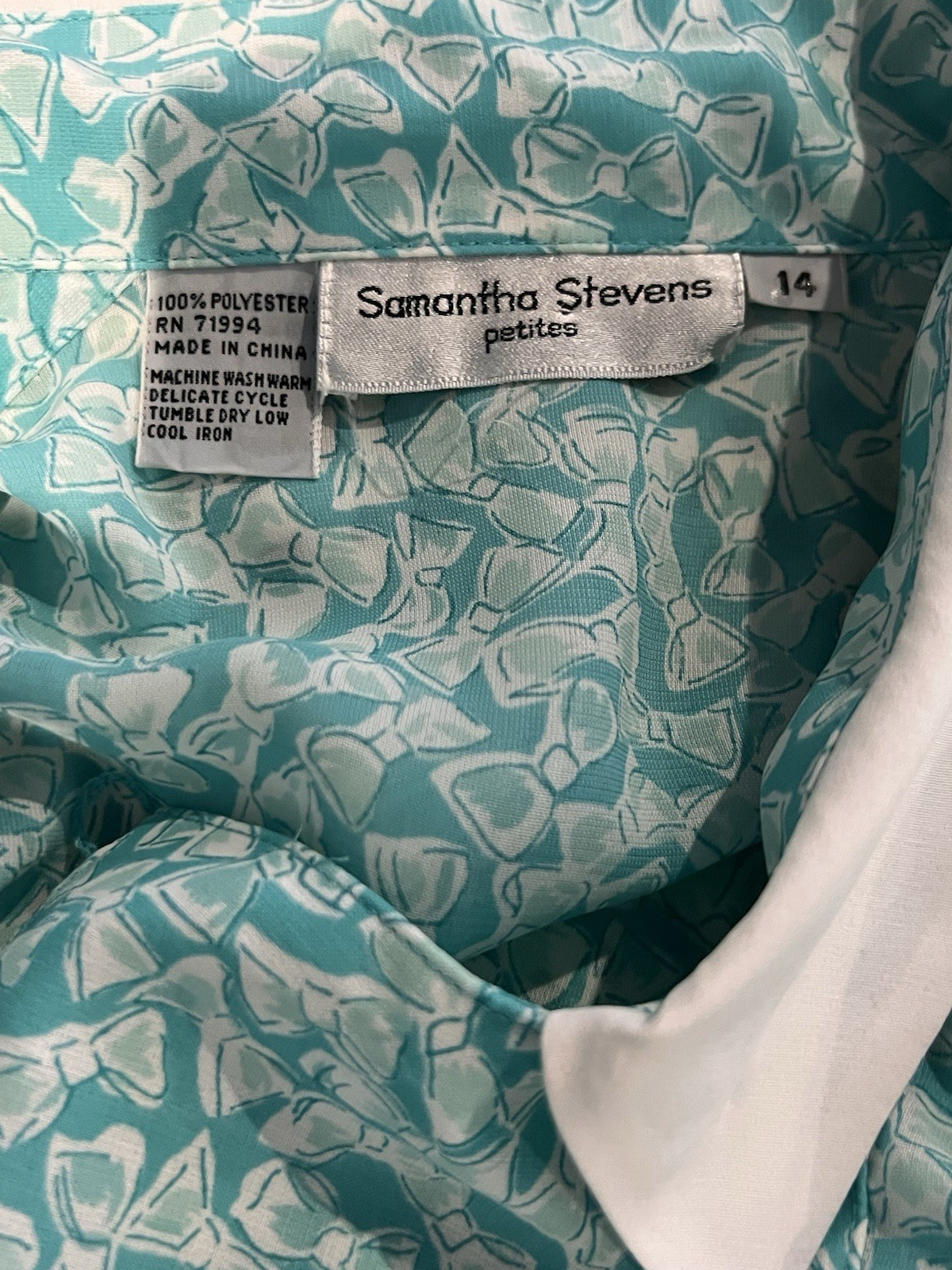 Vintage 80s Samantha Steven’s Petites Teal Bow Print Dress D151 Size 14