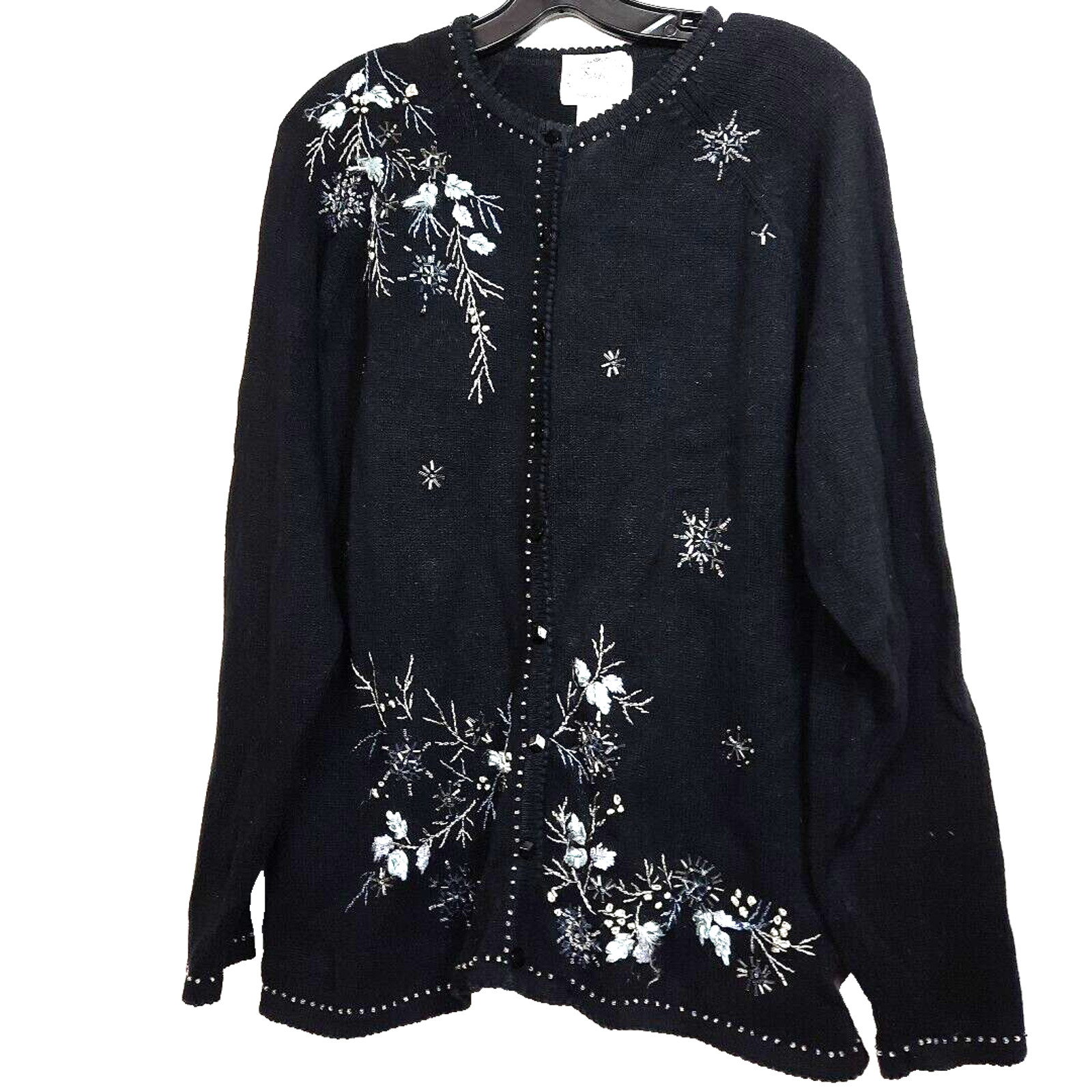 Stitches in Time Snowflake Beaded Embroidered Cardigan Sweater Large Black White