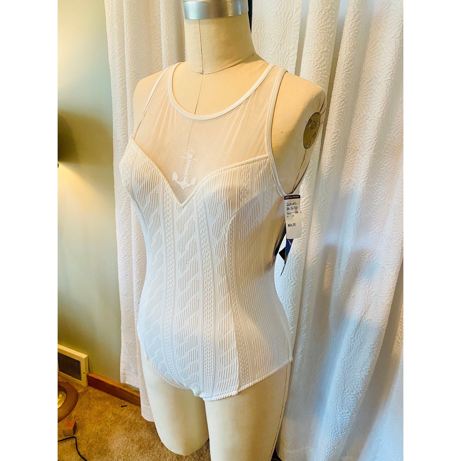 Vintage Jantzen Cable Knit White One Piece Mesh Window Swimsuit, Size 10