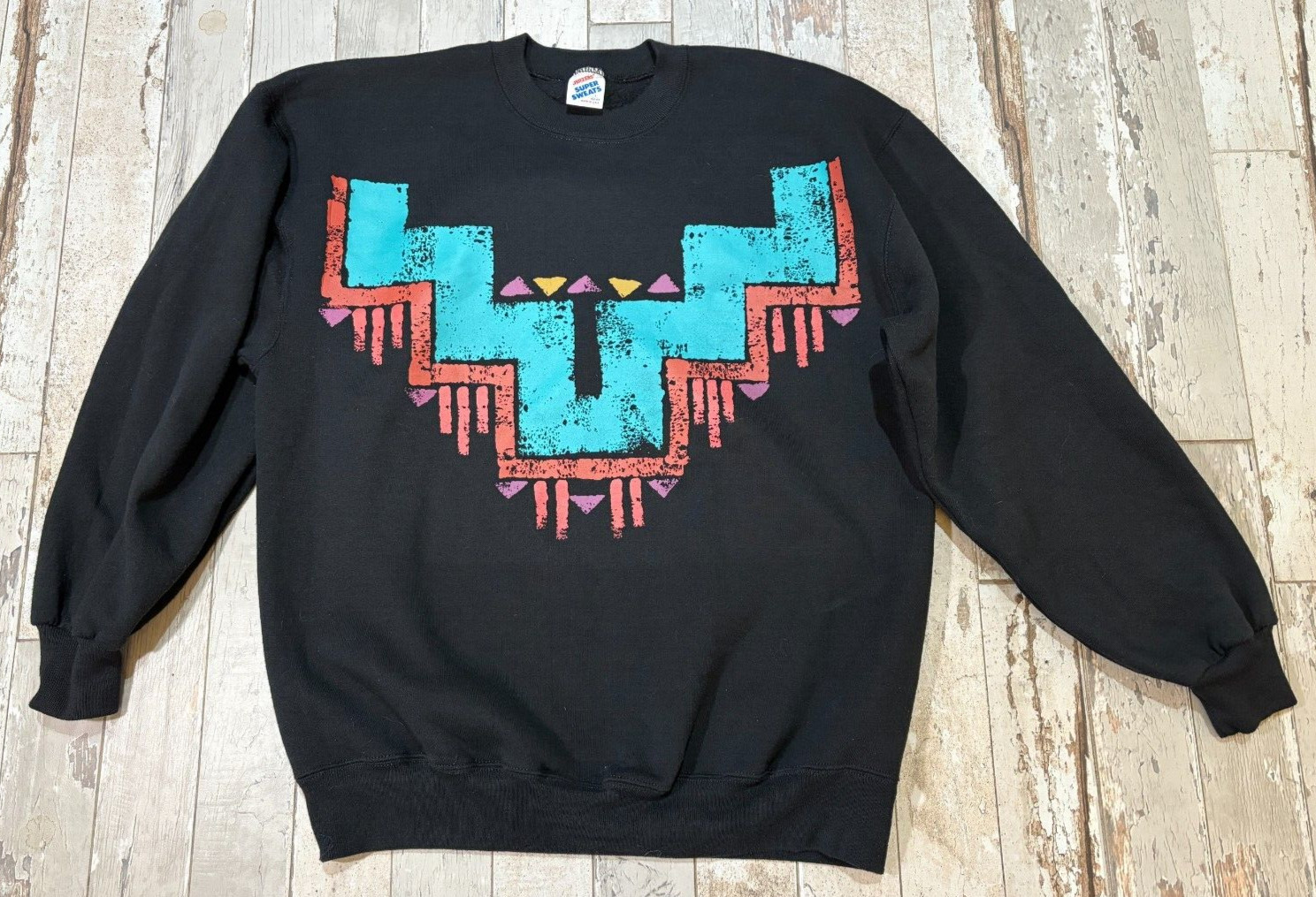 VTG 90s Jerzees Super Sweats Aztec Graphic Print Sweatshirt Black Size L Tribal