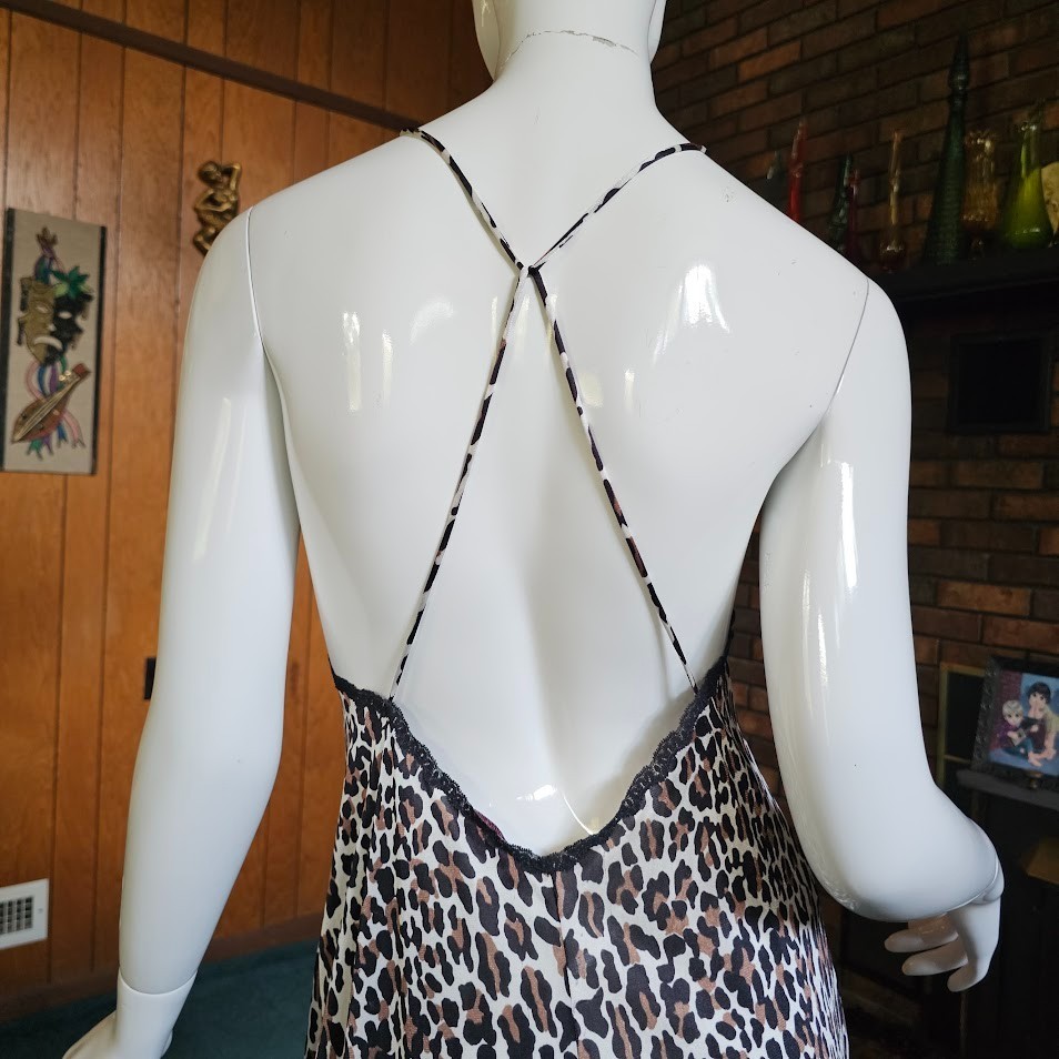 Vintage 70s Leopard Plunging Backless Vanity Fair Maxi Disco Dress Nightgown M/L