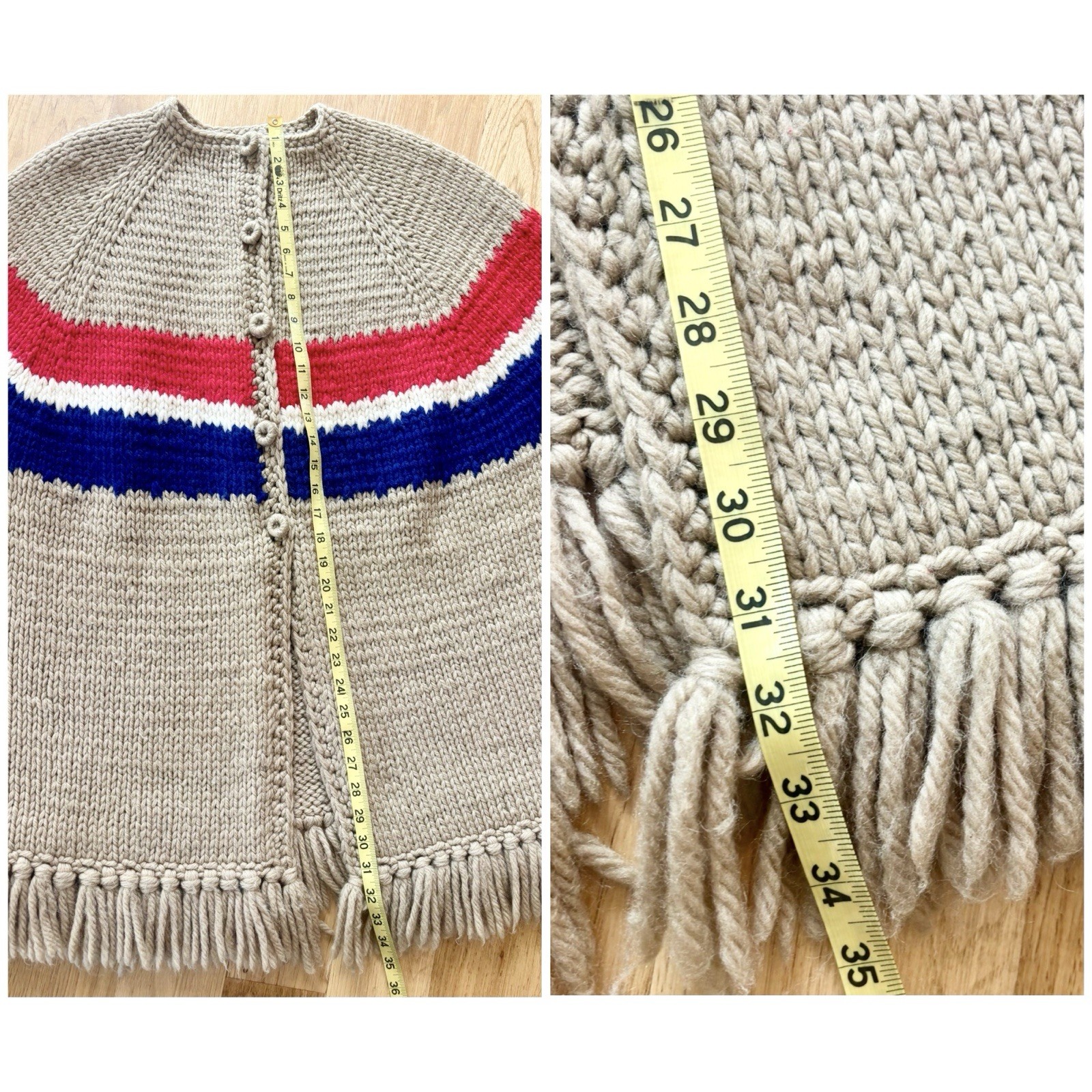 Vintage Handmade Chunky Knit Poncho Cape Blanket Sweater Boho Hippie Fringe
