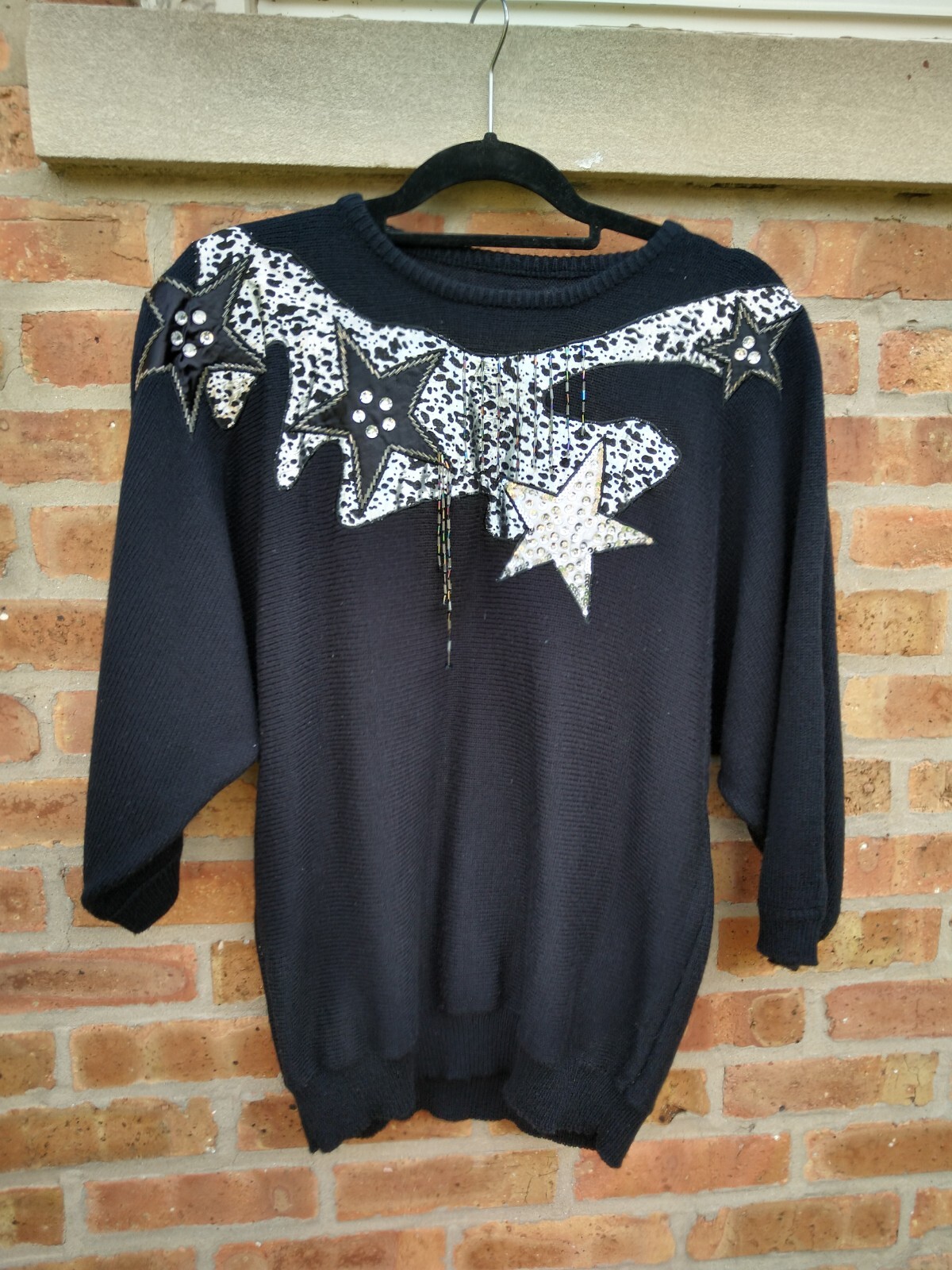 Vintage 80’s womens sweater black silver beaded star disco rhinestone M/L
