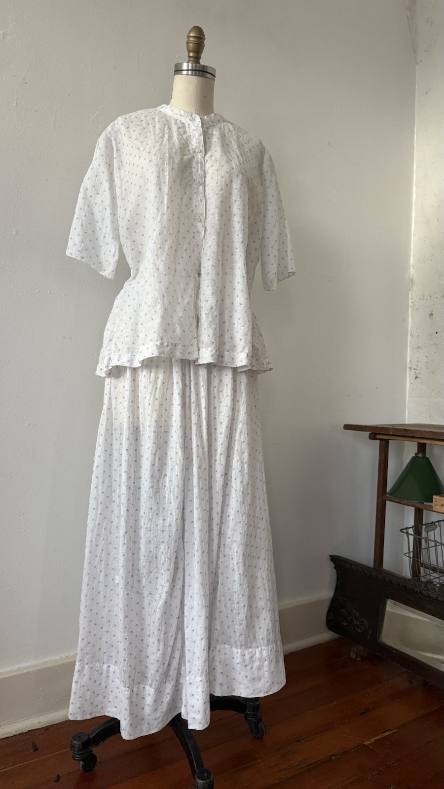 Antique Edwardian Sheer Lavender Sprig Print Cotton 2 Pc. Dress/Skirt Set 1920s