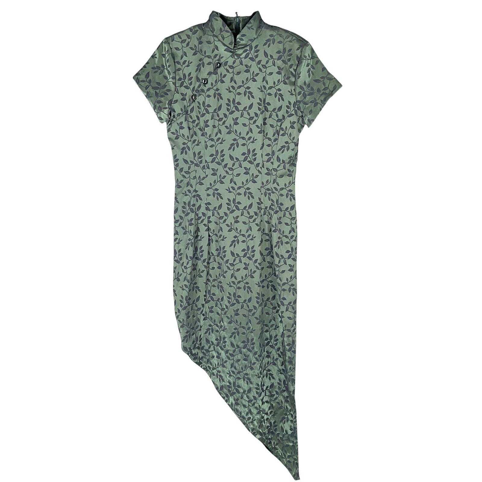 Vintage 90s Dawn Joy Green Cheongsam Maxi Dress Satin Floral Goth Grunge 9/10