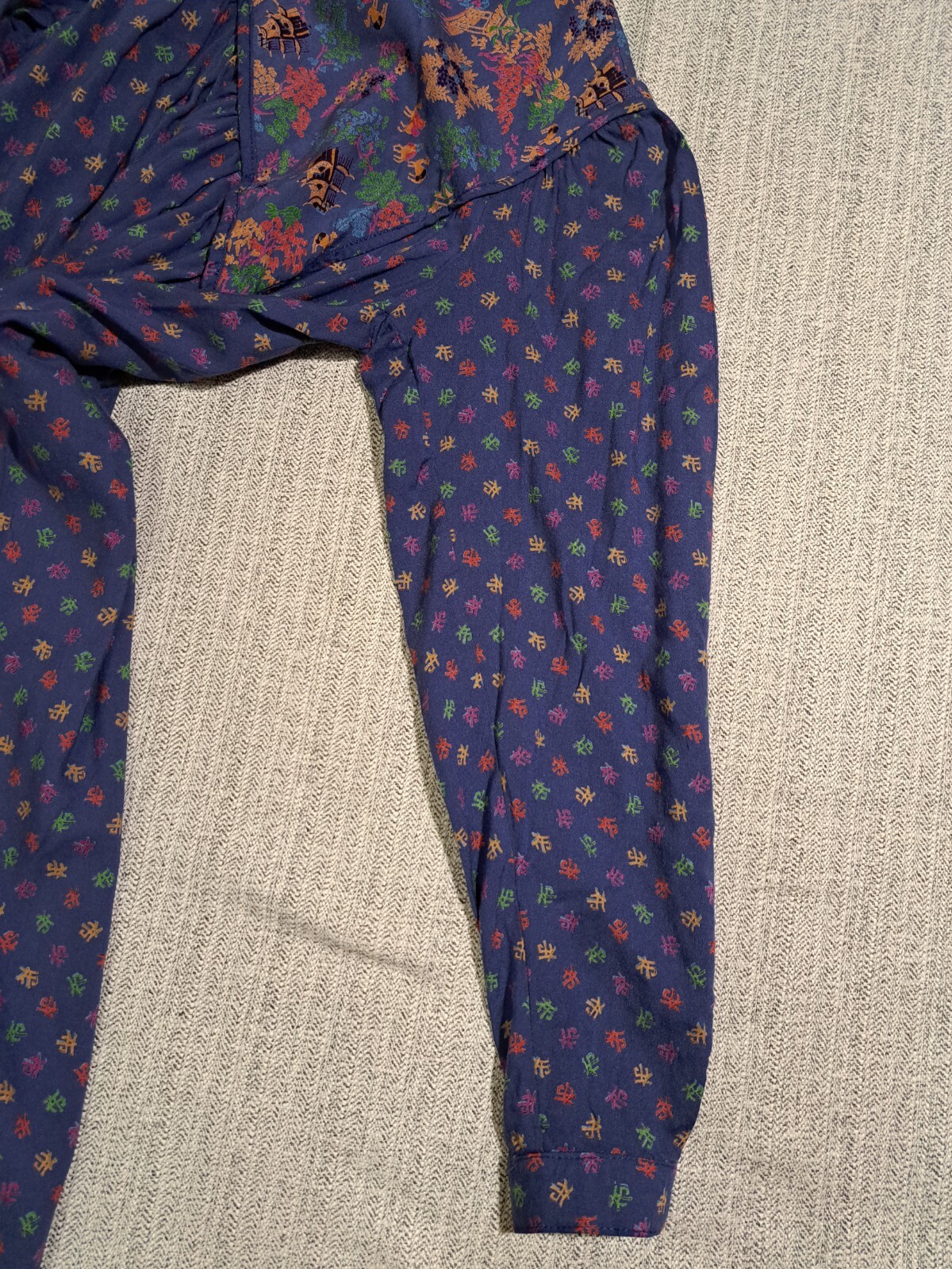 Vtg HUMMELSHEIM 1970s Long Sleeve Stand Collar Asian Pattern Blue Dress Sz 36