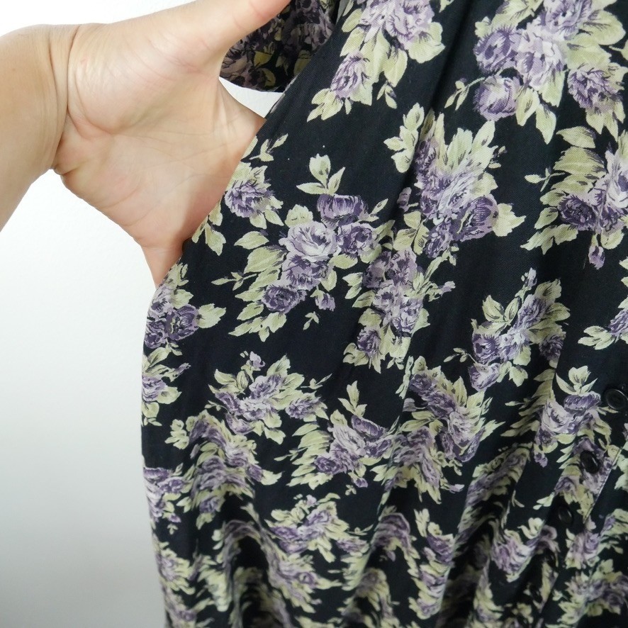 Vintage 90s Floral Midi Dress XS S Button Front Moody Floral Grunge Cottagecore