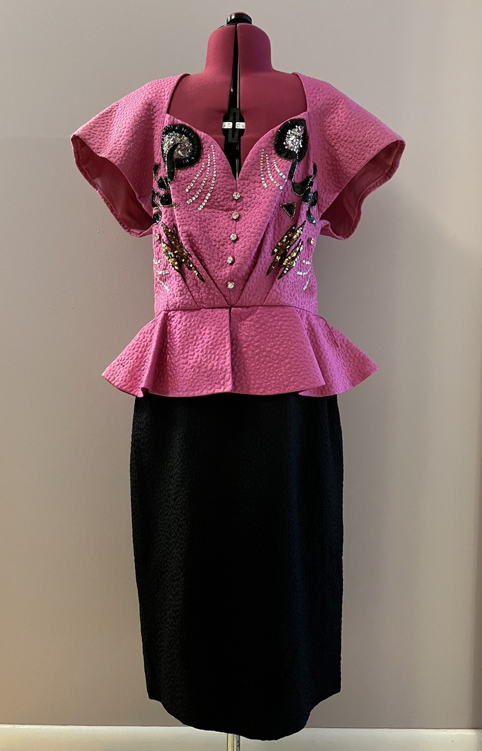 Vintage Ted Lapidus Couture Paris Hot Pink & Black Beaded Dress Peplum 4/6 Glam