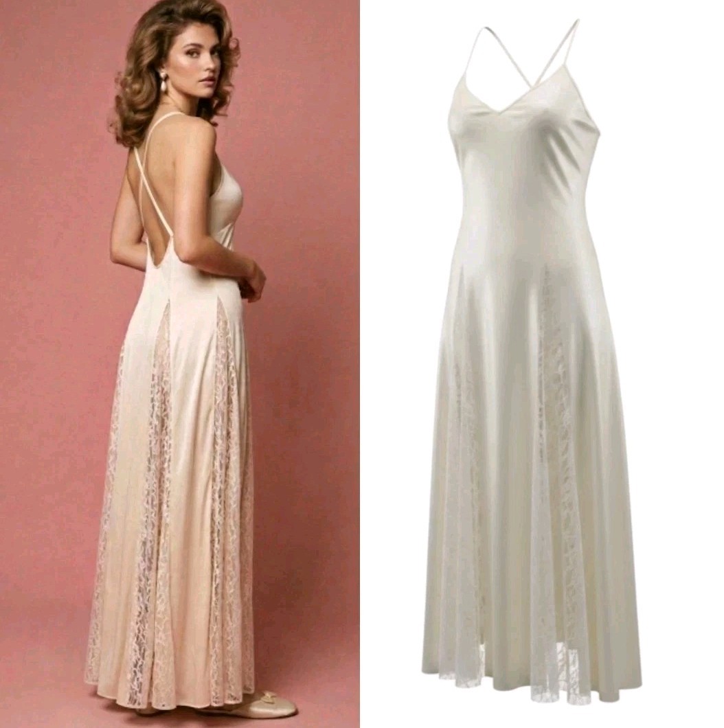 Vtg 80’s Petra Fashions Long Ivory 100% Nylon Slip Nightgown Maxi Dress! L USA