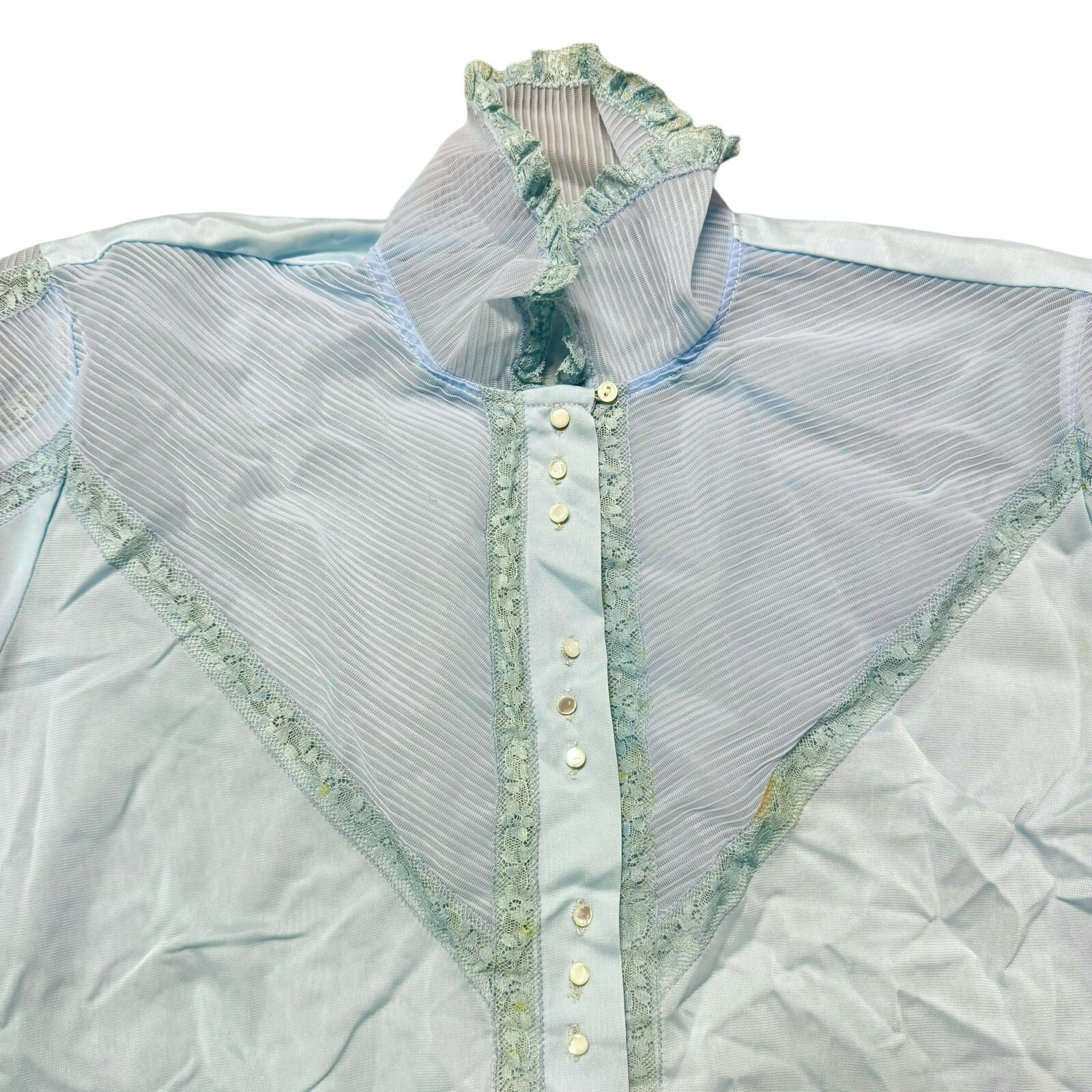 Vtg 1960s Lee Mar California Light Blue Inset Lace Balloon Sleeve Nylon Blouse