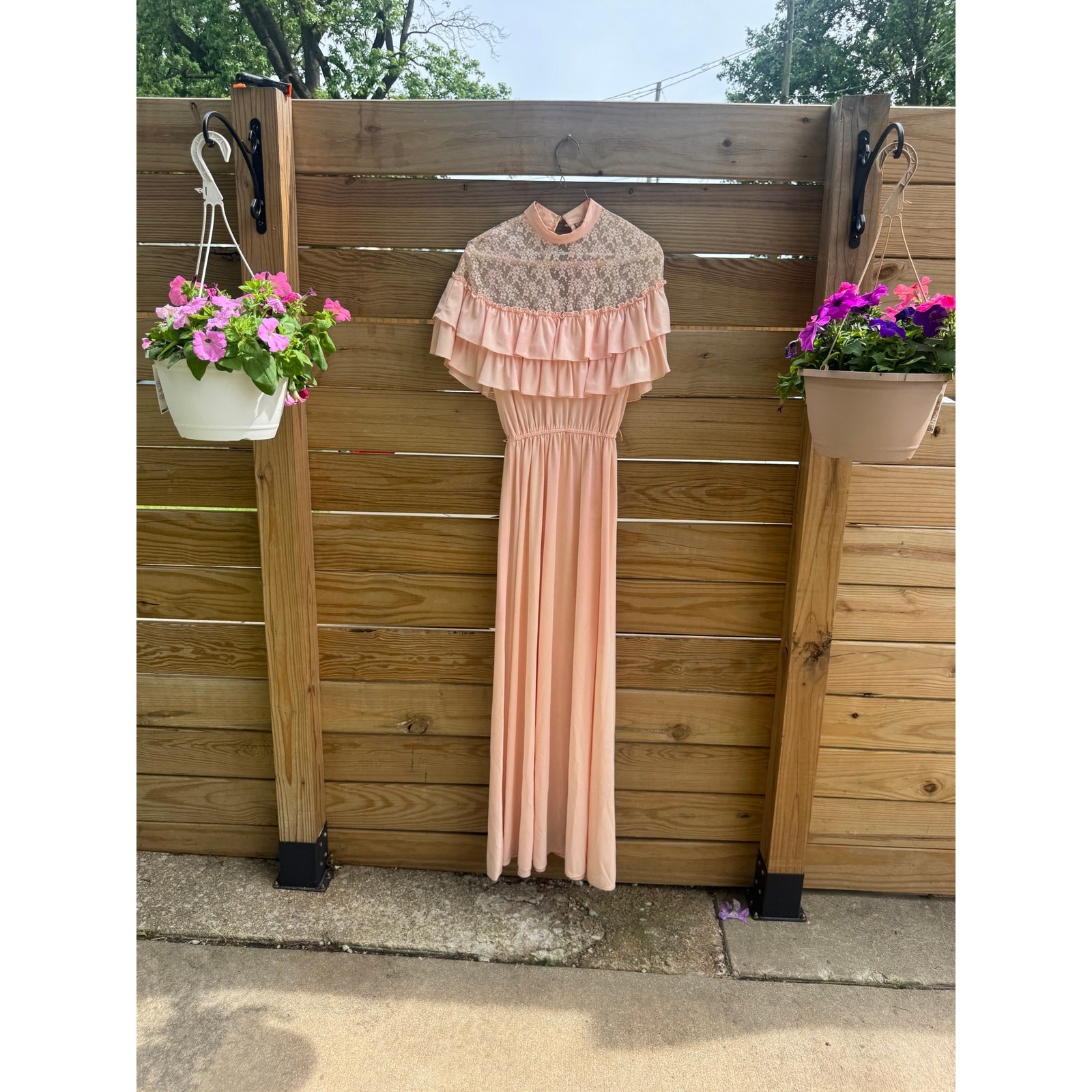 Vintage 1970s Prom Dress Pink Lace Ruffle Caplet Gown Prairie Cottagecore Small