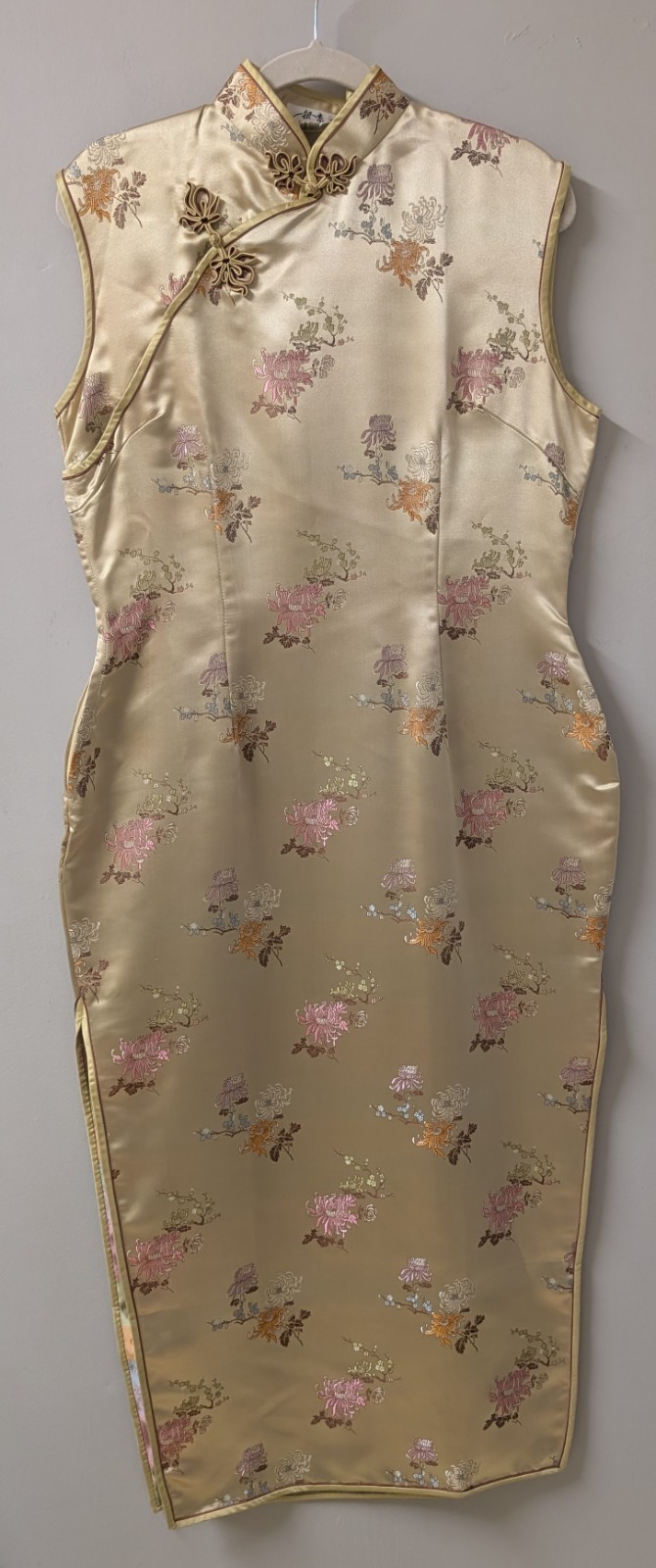 Vintage Asian Gold Floral CHEONGSAM Qipao Maxi Dress Wiggle Yin Xing M/L 42
