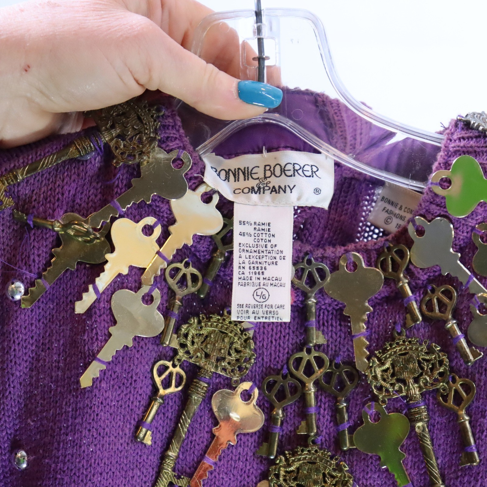Bonnie Boerer Skeleton Key Sweater L Purple Womens Vintage Embellished Novelty