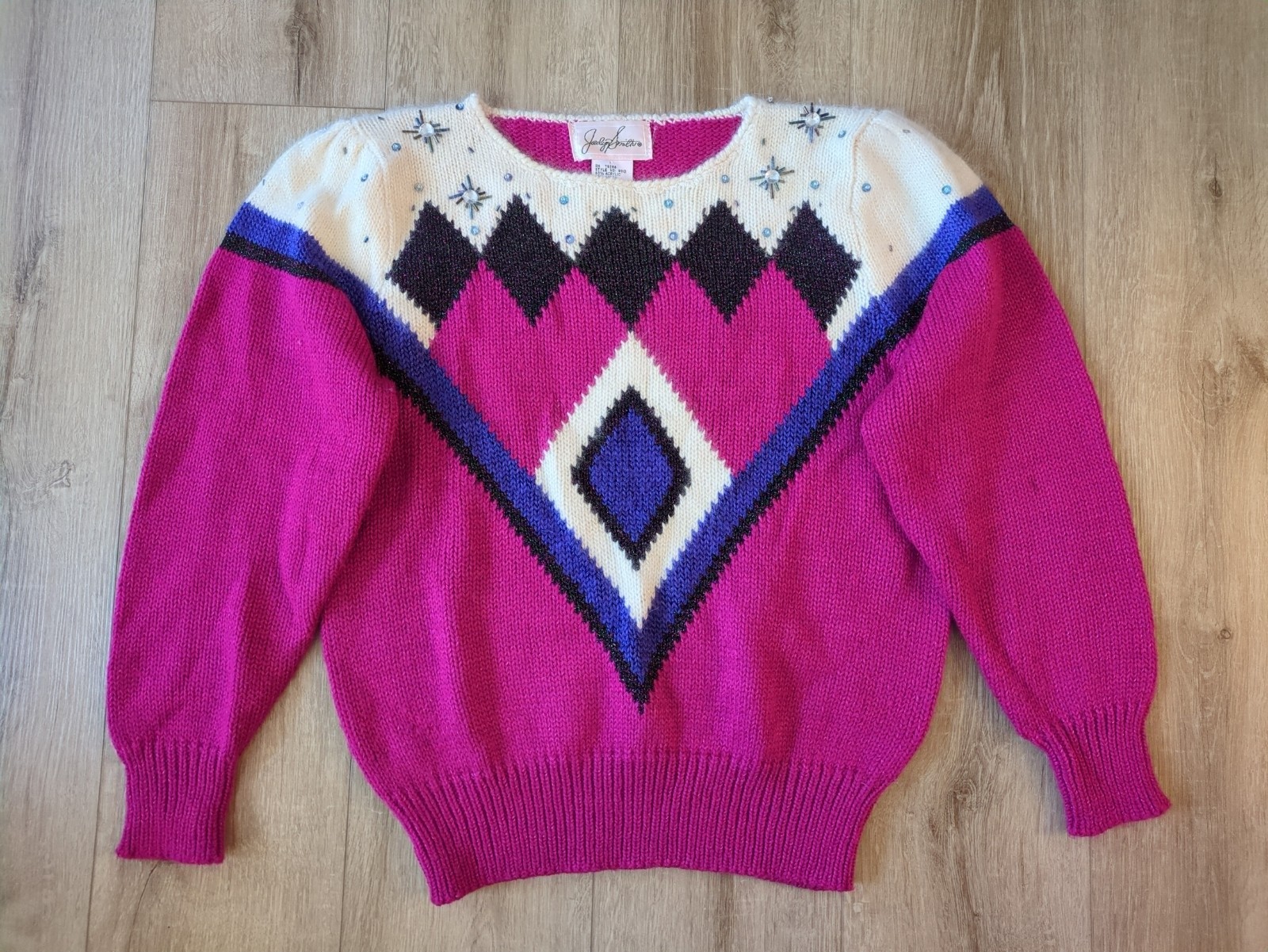 Vintage Bold Geometric Angora Wool Blend Top Fuschia Embellished 80s Mom Sweater