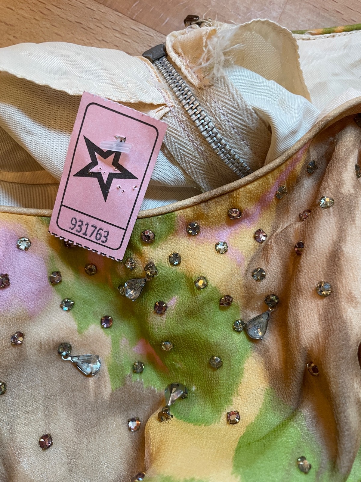 1950s Silk Cocktail Dress with Teardrop Rhinestones Gold Pink White Floral XS