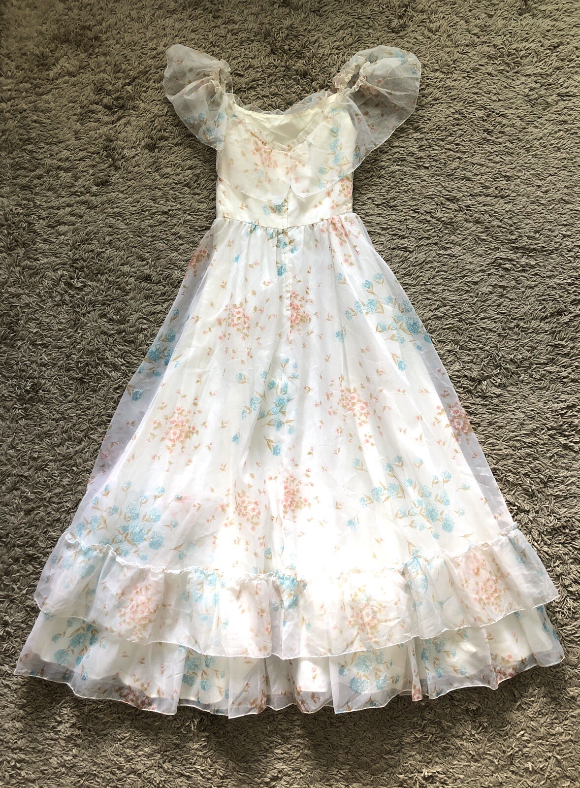 ILGWU Maxi Dress Ruffles Brunch Prom Gown Floral Easter Bridal Prairie Vintage