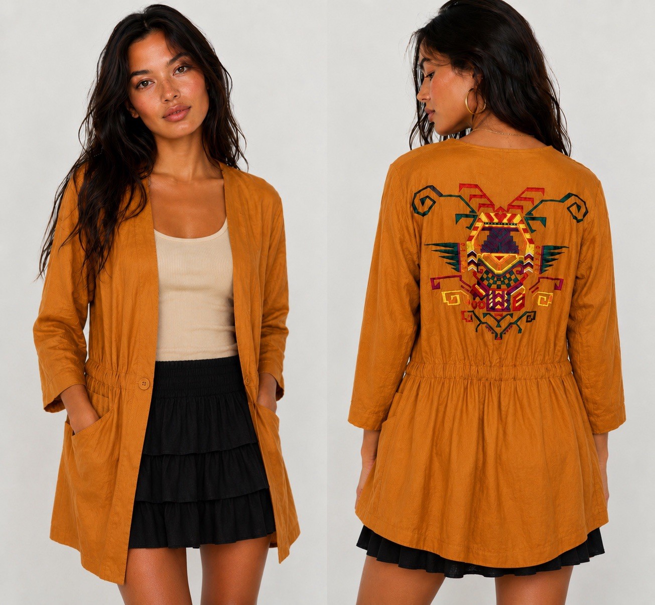 100% Linen Burnt Orange Southwestern Boho Long Duster Jacket M Embroidered Back