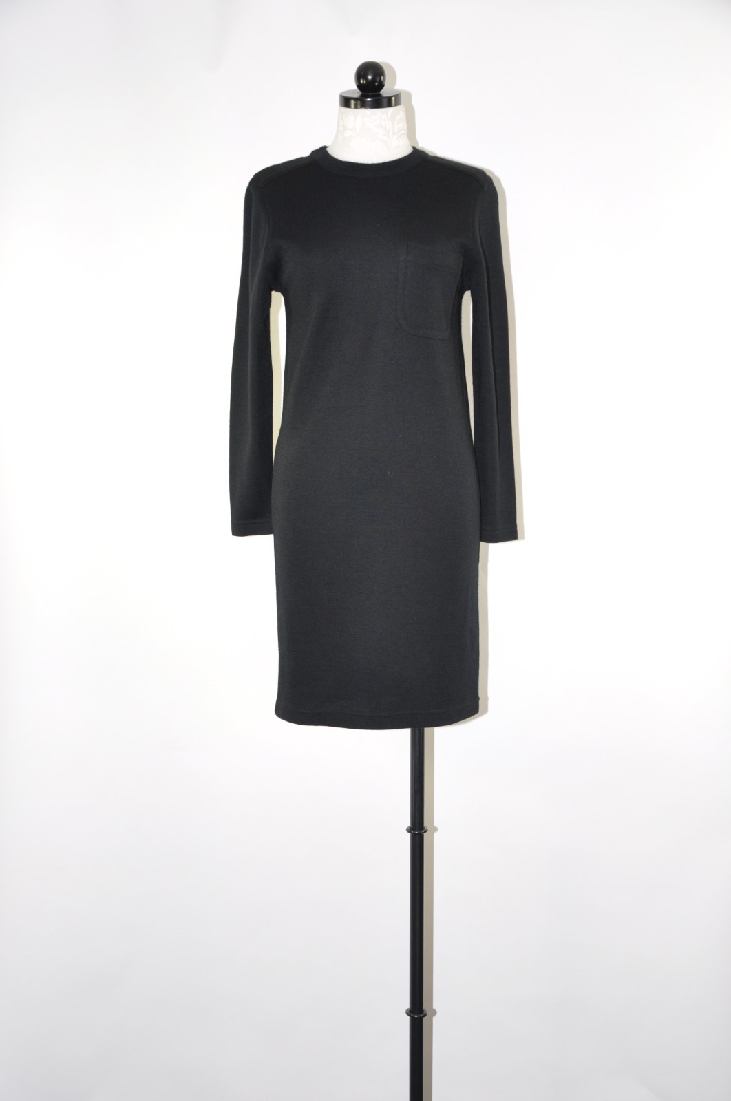 90s Vintage Black Wool Blend Minimalist Long Sleeve Knit Sweater Dress Women XS