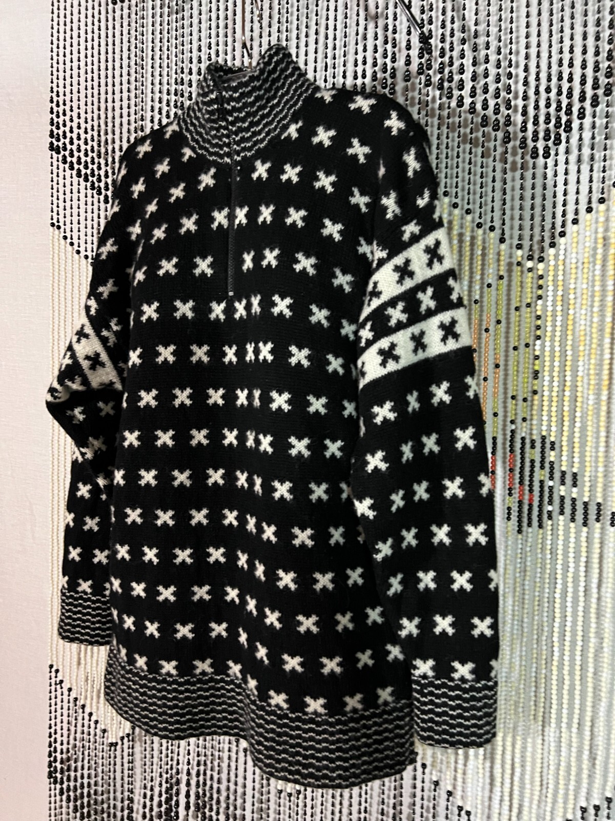 VTG 90s Brass Plum Nordstrom Wool Hip Sweater Turtleneck Zip Black White Geomt M