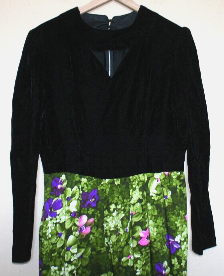 Vintage Maxi Dress Mod Black Velvet Floral Womens Size Large 12 14 60s 70s