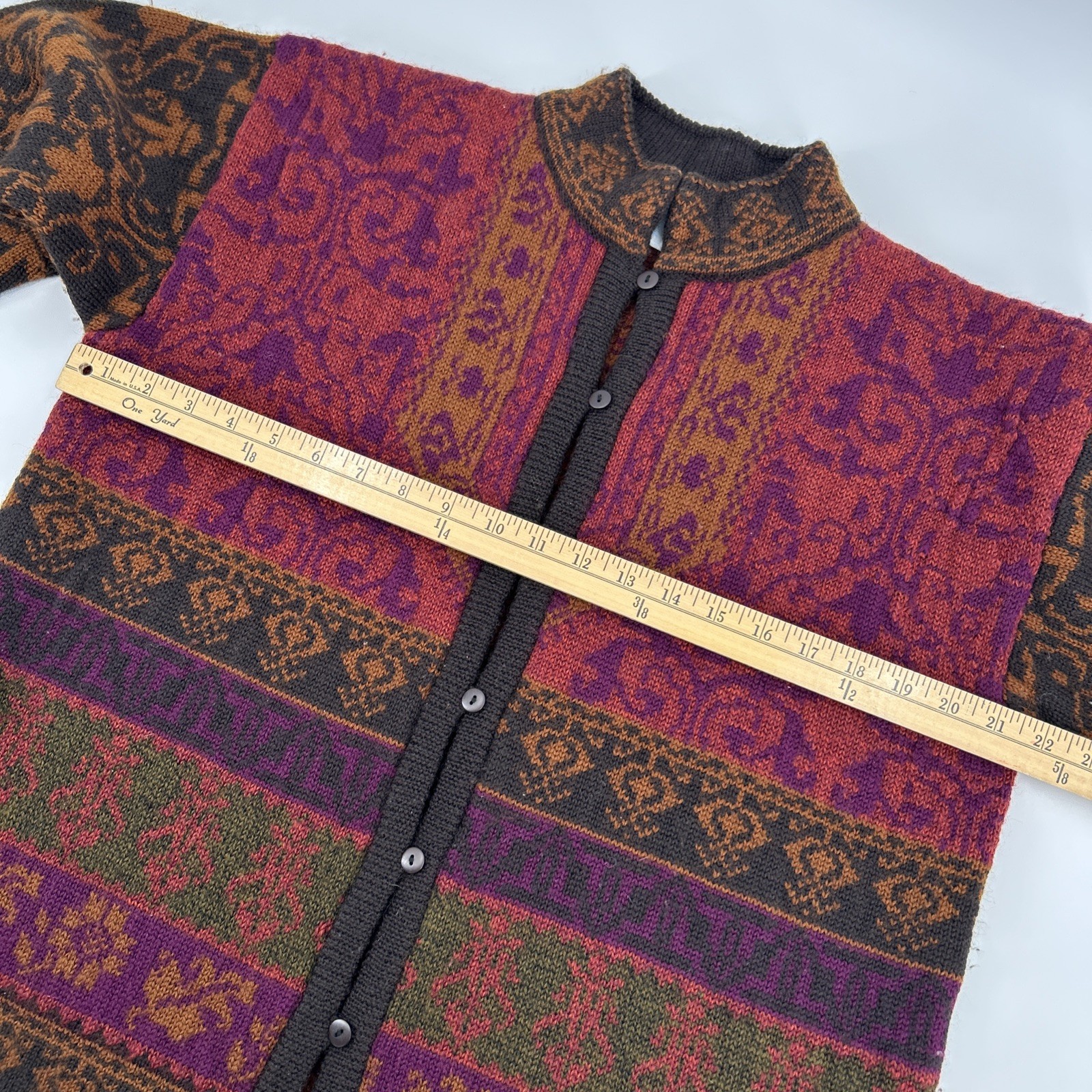 Vintage 80s Wool Cardigan Womens Size L Hong Kong Fair Isle Nordic Floral Jacket